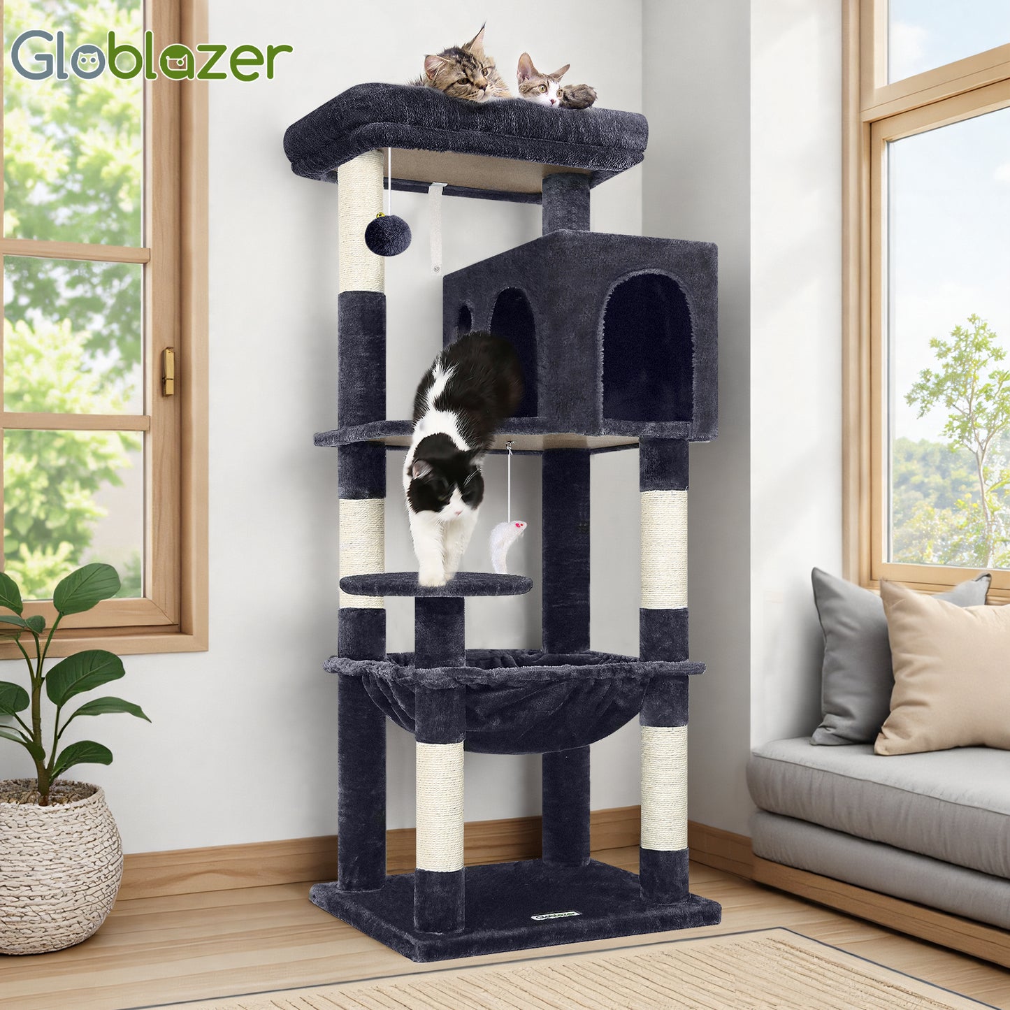 Globlazer Cat Tree Tower with 5 Scratching Posts for Indoor Cats, 53inch Tall Plush Multi-Level Cat Climbing Tower Condo House with Large Hammock, Spacious Cat Cave, Padded Top Perch, F53, Dark Gray