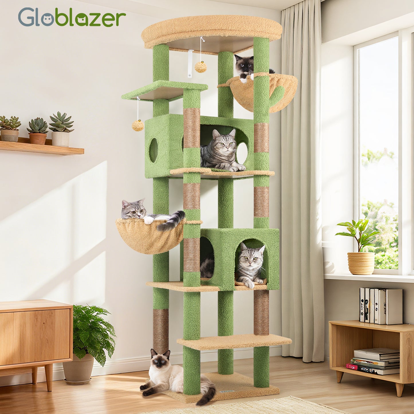 Globlazer Large Cactus Cat Tree Tower for Indoor Cats, 74in Tall Cat Tree for Large Cats Adult with 5 Scratching Posts, 2 Spacious Condo Houses, 2 Big Hanging Baskets, Enlarged Perch, S74, Dark Grey