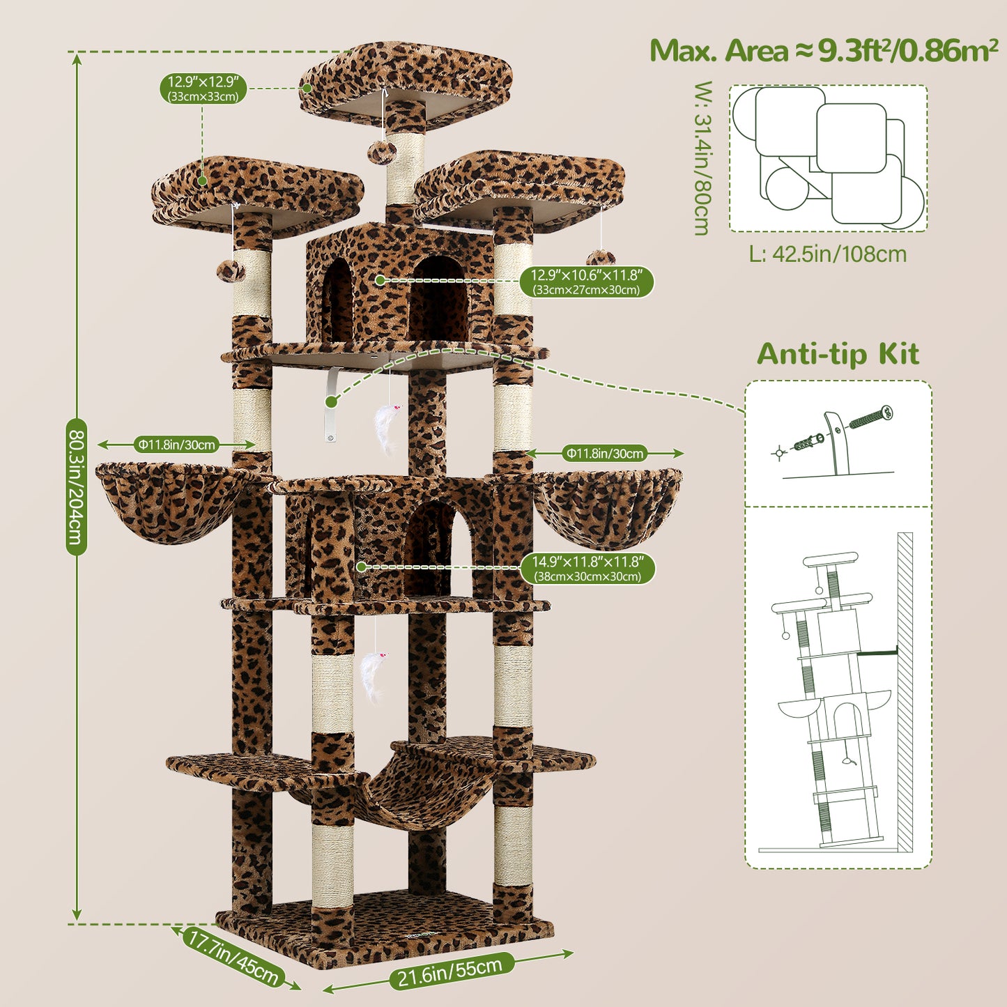 Globlazer Big Cat Tower for Indoor Cats, 80inch Cat Tower for Multiple Adult Cats XXL Cat Tree with 9 Scratching Posts, Hammock, 3 Perches, 2 Condos, 2 Hanging Basket, F80, Leopard Print