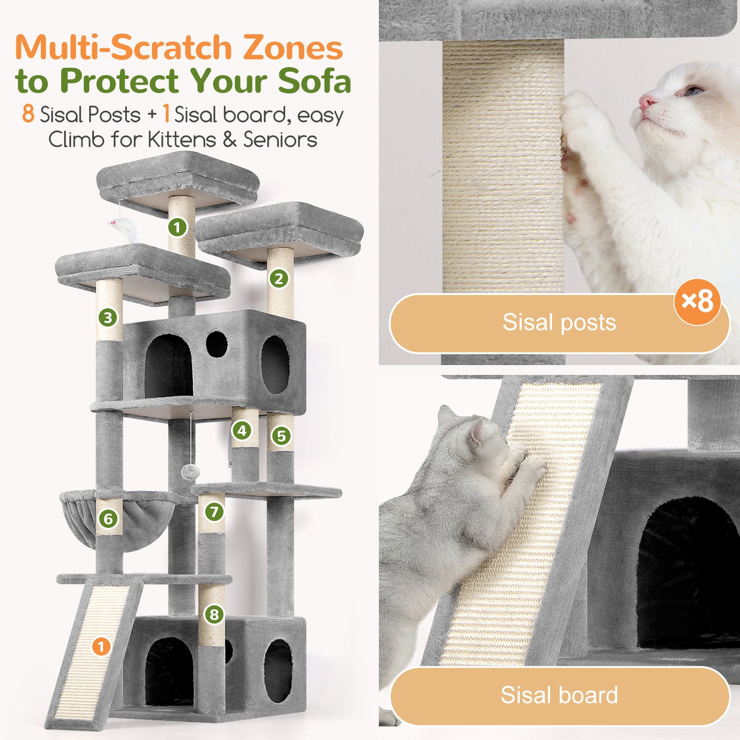 Globlazer Heavy Duty Cat Tree, 73inch Sturdy Cat Tower with Scratching Post for Indoor multiple Cats, Maine Coon Cat Tree with 3 Cat Perch, Basket, 2 Cat Condo for Adult Cats Kittens, F73C, Light Grey