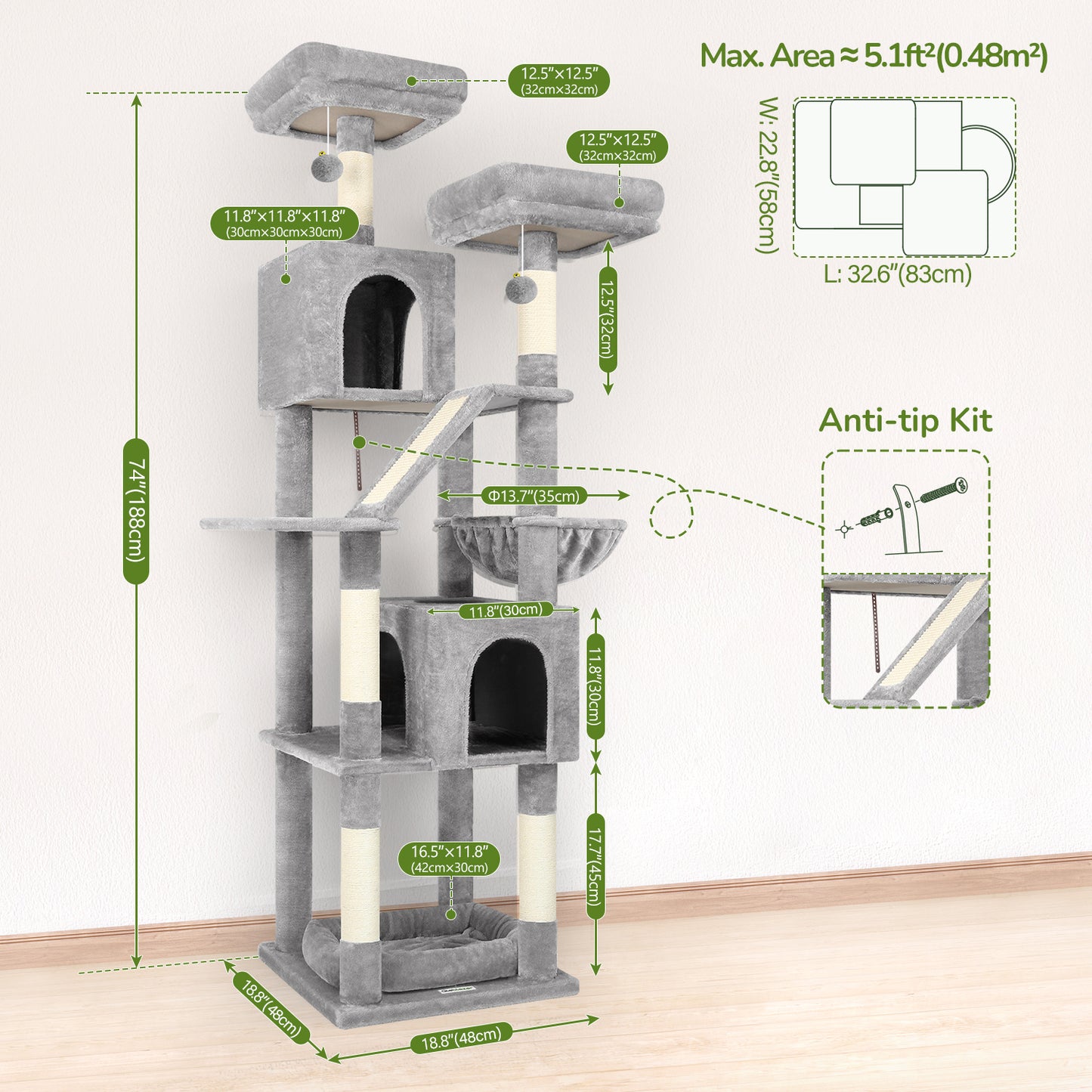 Globlazer 74in Heavy Duty Cat Tree for Large Indoor Cats, Multi-Level Cat Tower with 5 Sisal Scratching Posts, 2 Cozy Condos, Hammock, Top Perches, Climbing Ramp and Pet Bed, F74D, Light Grey