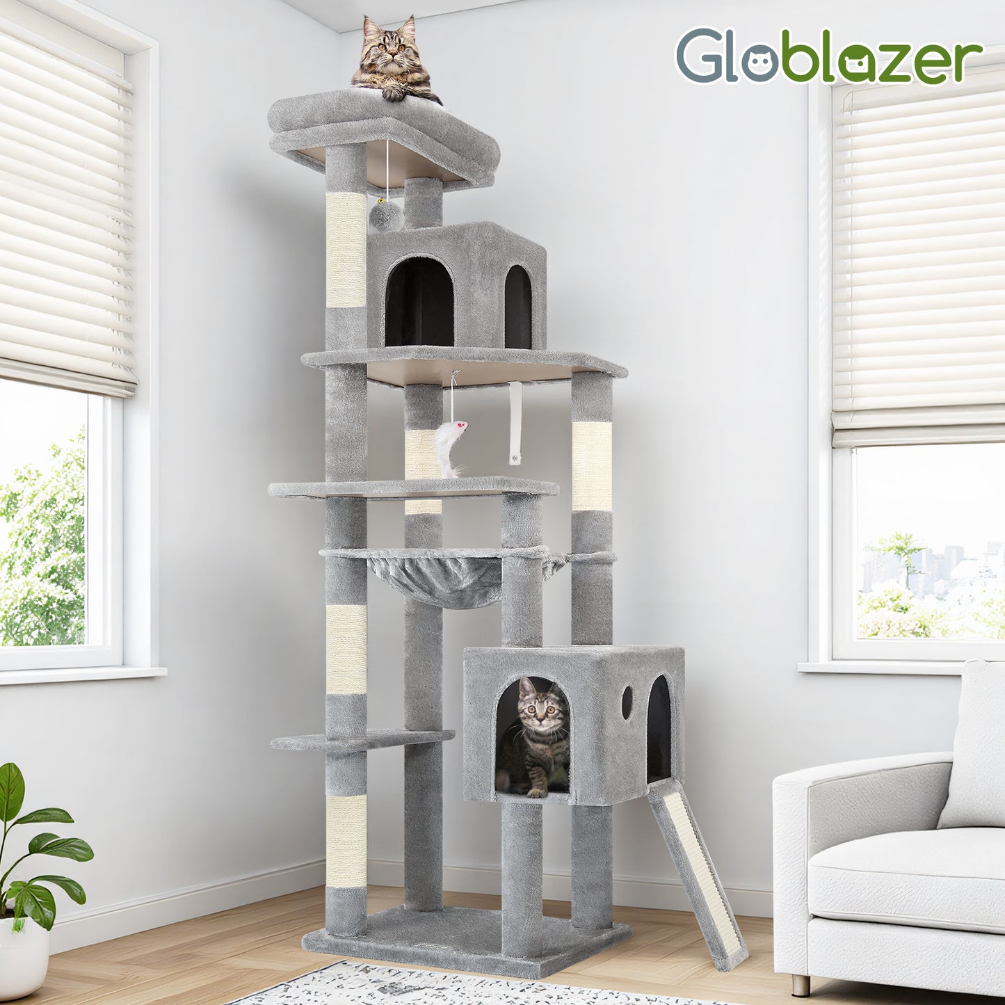 Globlazer Heavy Duty Cat Tree, 70 inch Sturdy Cat Tree for Indoor Cats Extra Large Cat Tower with Scratching Post, Hammock, Cat Condo for Adult Cats Kittens, F70 Pro, Light Grey
