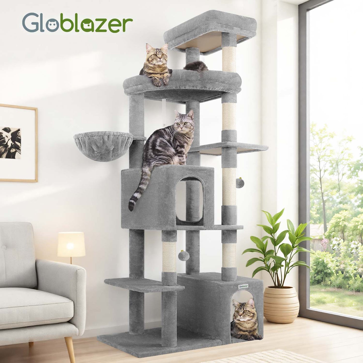 Globlazer Cat Tree Tower for Indoor Cats Large Adult, 70in Tall Cat Tree with 2 Spacious Cat Condos, 2 Top Perches and 5 Scratching Posts, Expandable Cat Tower, Use Alone or Combine, F70E, Light Gray