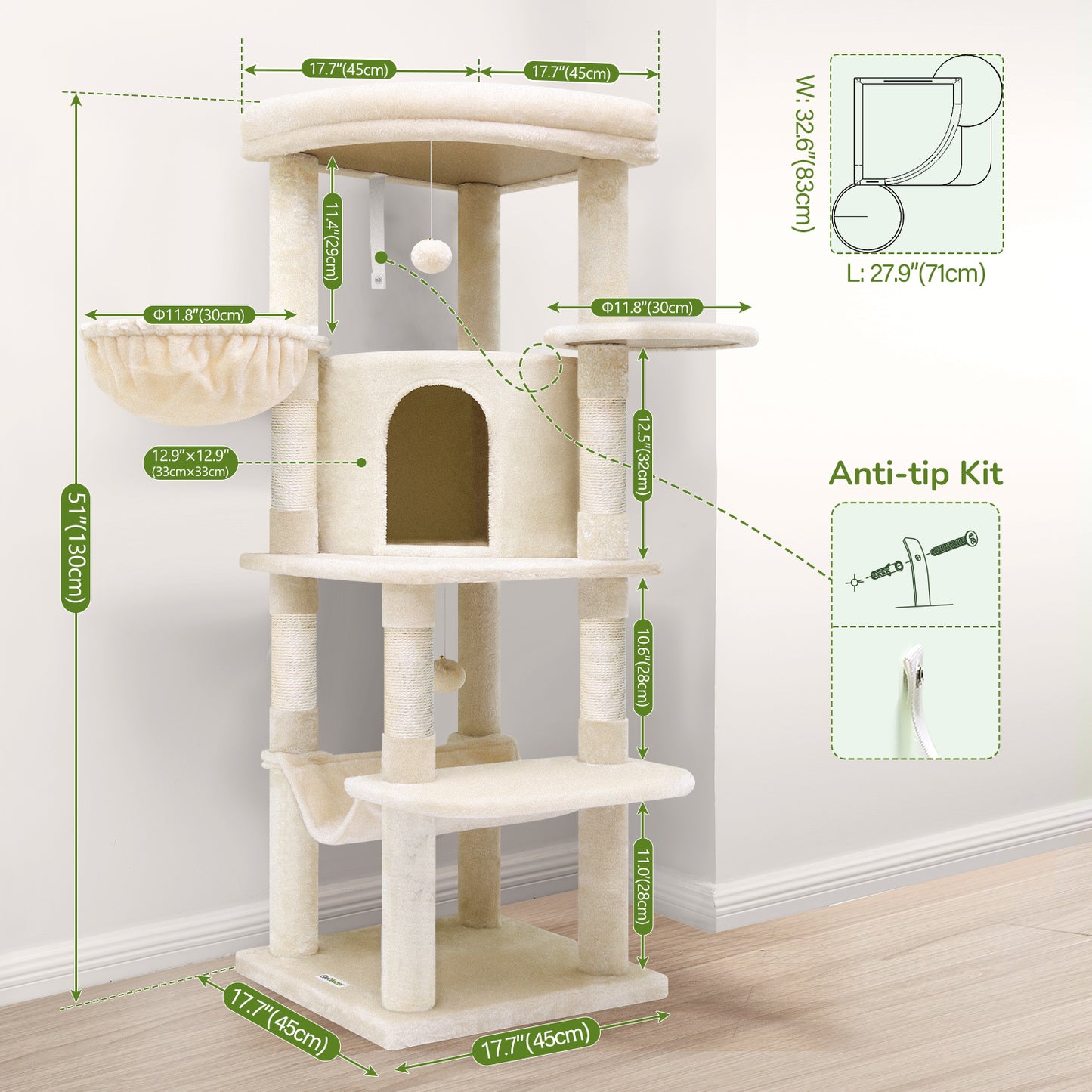 Globlazer Corner Cat Tree Tower with Scratching Post for Indoor Cats, 51in Plush Multi-Level Cat Tower with Large Hammock, Fan-Shaped Padded Perch, Spacious Cat Condo, Hanging Basket, C51, Light Beige
