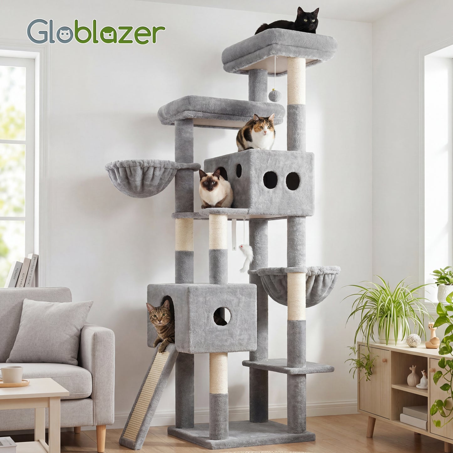 Globlazer Tall Cat Tower 77 inch Extra Large Cat Tree House for Indoor Cats Large Adults Kittens Cat Climbing Tower with 5 Scratching Posts, 2 Cat Condos, 2 Platforms, S77D, Light Grey