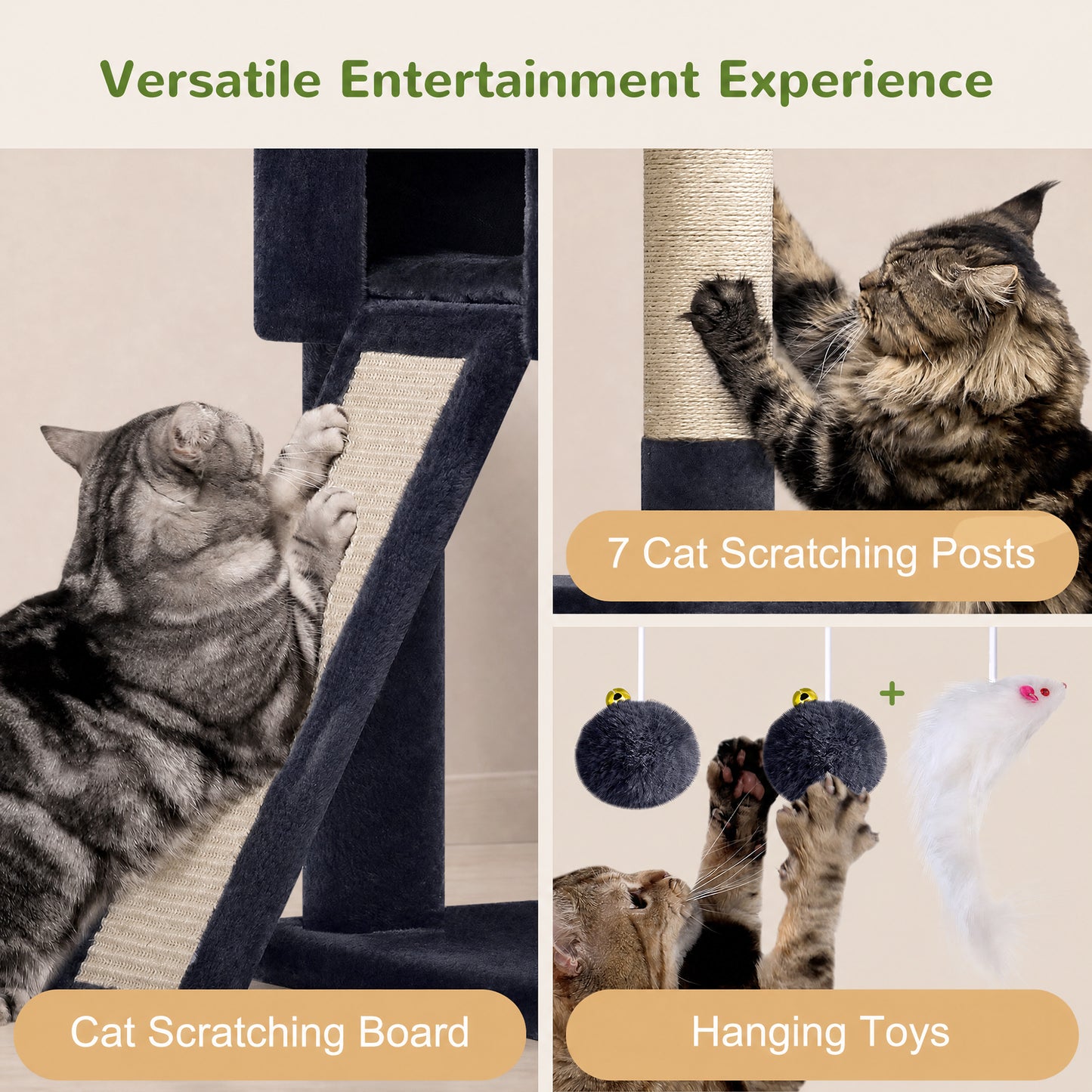 Globlazer 74in Tall Cat Tree for Indoor Cats Large Adult, Sturdy Heavy Duty Cat Tree Tower with 7 Scratching Posts for Multiple Cats, 2 Spacious Condos, 2 Hanging Baskets, S74G, Dark Grey