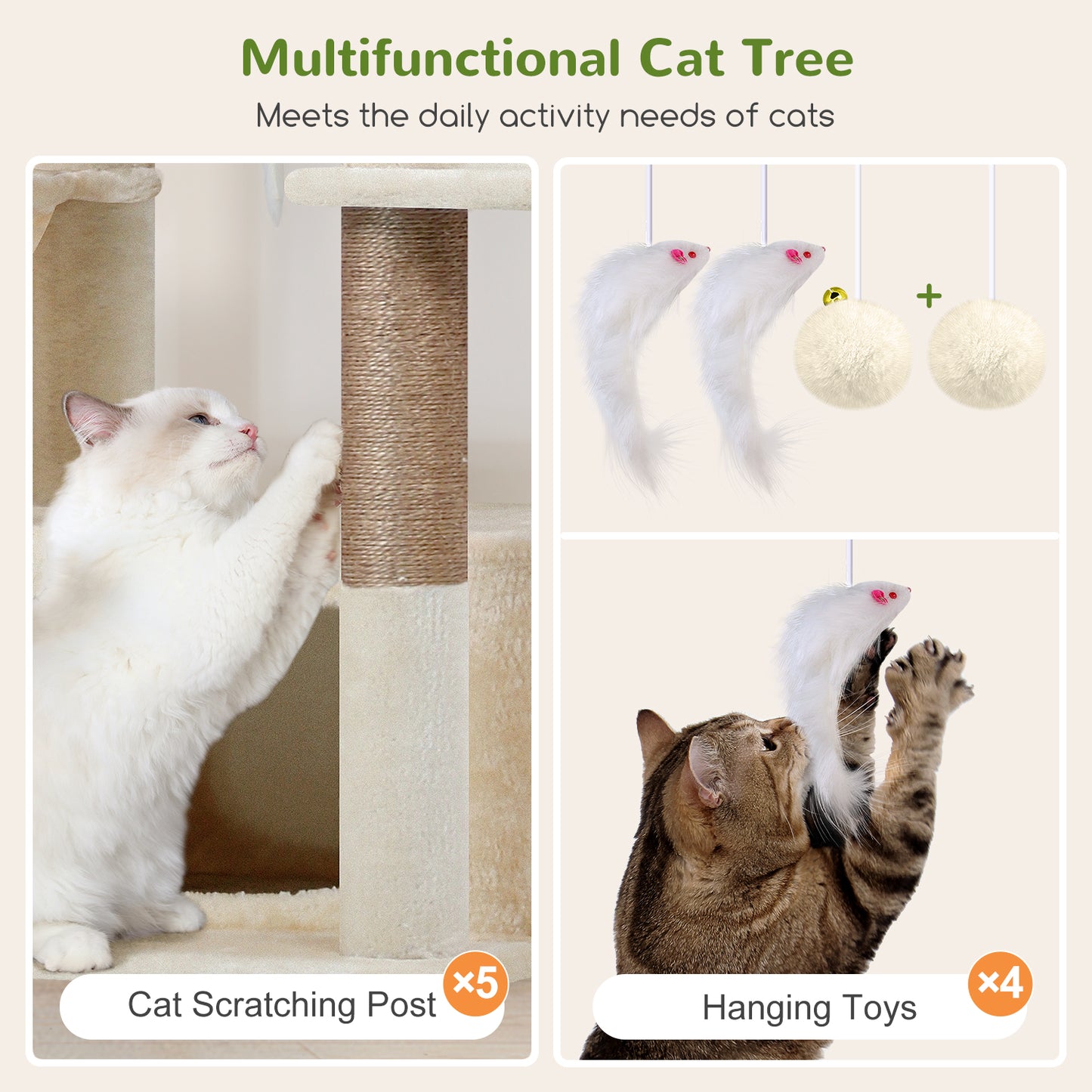 Globlazer Large Cat Tree 80 inch Multi-Level Tall Climbing Tower Kitty Condos Cat Scratching Tower for Indoor Multiple Adult Cats with Large Platform, 3 Cat Caves, 3 Hanging Baskets, F80F, Beige