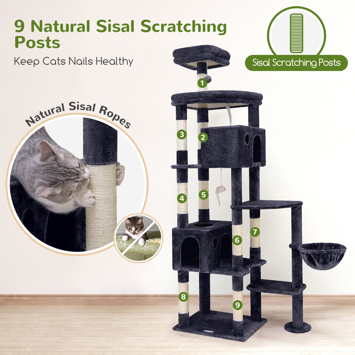 Globlazer Giant Cat Tree, 83 inch Cat Tree for Indoor Cats Large Big Adult, XXL Cat Tower with 9 Scratching Posts for 20lb+ Heavy Duty Large Adult Cats, F83, Dark Grey