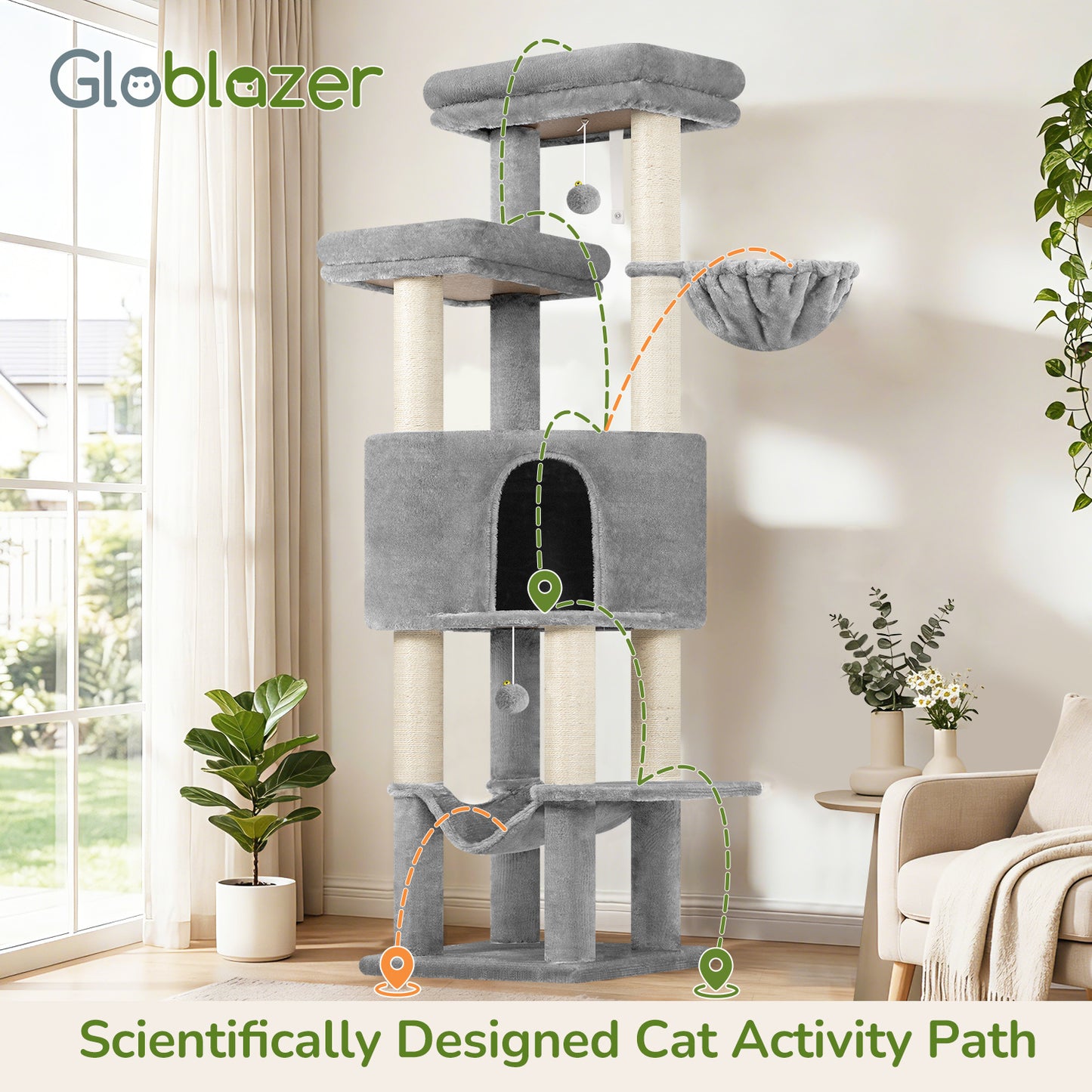 Globlazer Tall Cat Tree Tower for Large Adult Cats, Multi-Level Large 65 Inch Cat Scratching Tower with Hammock, 6 Scratching Posts, Basket and 2 Perches for Indoor Multiple Cats, F65D, Light Grey