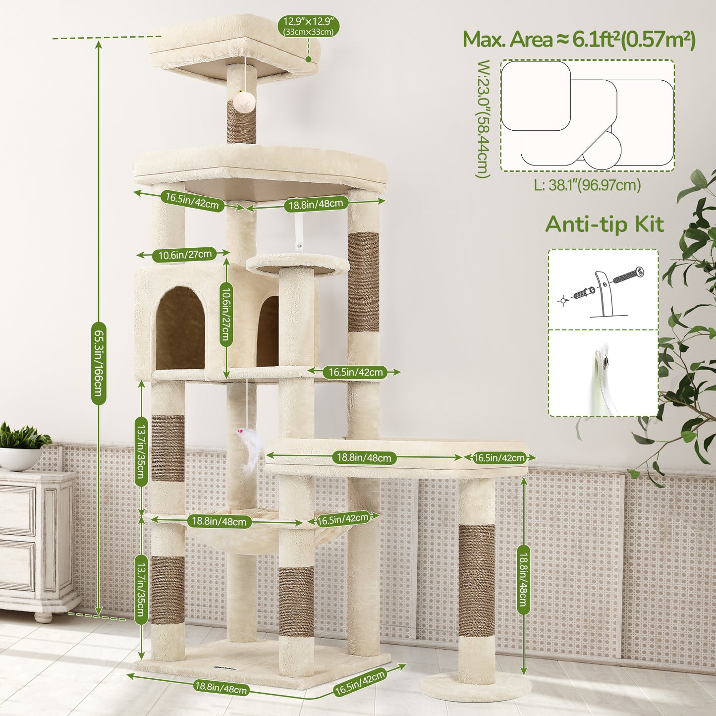 Globlazer Extra Large Platform Cat Tree, 65in Tall Sturdy Cat Tree for Indoor Cats Large Adult, Big Cat Tower for Big Cats with 3 Enlarged Perches, 6 Scratching Posts, Cat Condo, Hammock, S65, Beige