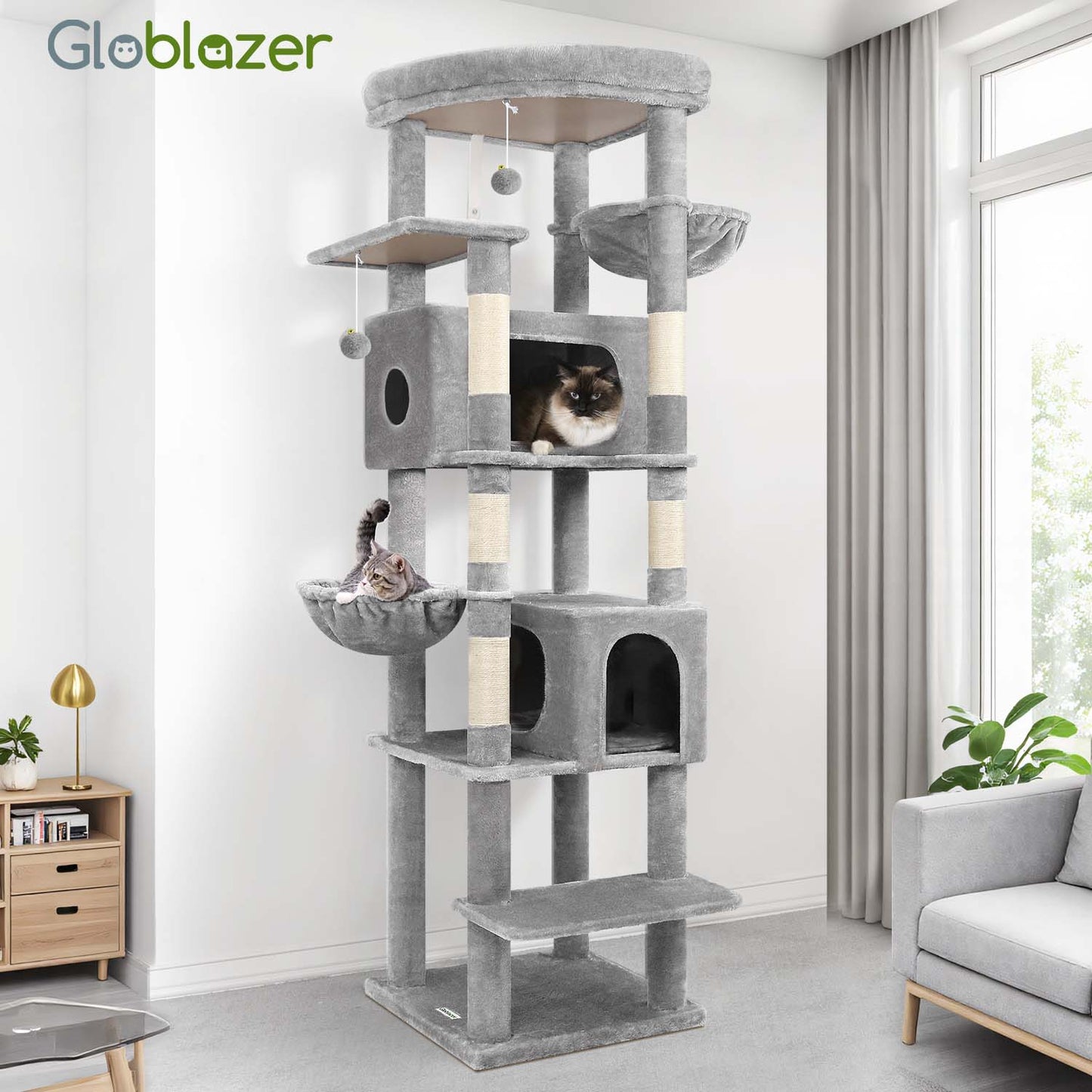 Globlazer Extra Large Cat Tree Tower for Indoor Cats, 74inch Tall Cat Tree Tower for Large Cats Adult with 5 Scratching Posts, 2 Spacious Condos, 2 Big Hanging Baskets, Enlarged Perch, S74, Light Grey