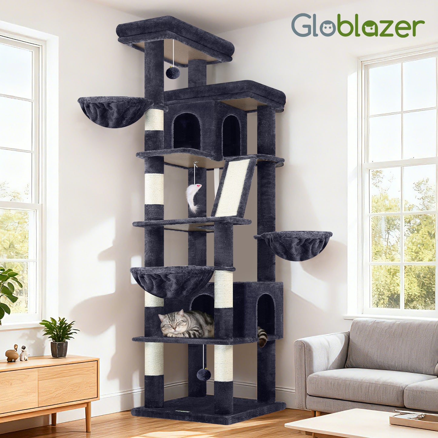 Globlazer Large Cat Tree Tower, 80inch XXL Tall Cat Tree for Multiple Indoor Cats Large Adult Kittens with Scratching Posts and Board, 3 Soft Baskets, 2 Plush Perches, 2 Cozy Condos, S80G, Dark Grey