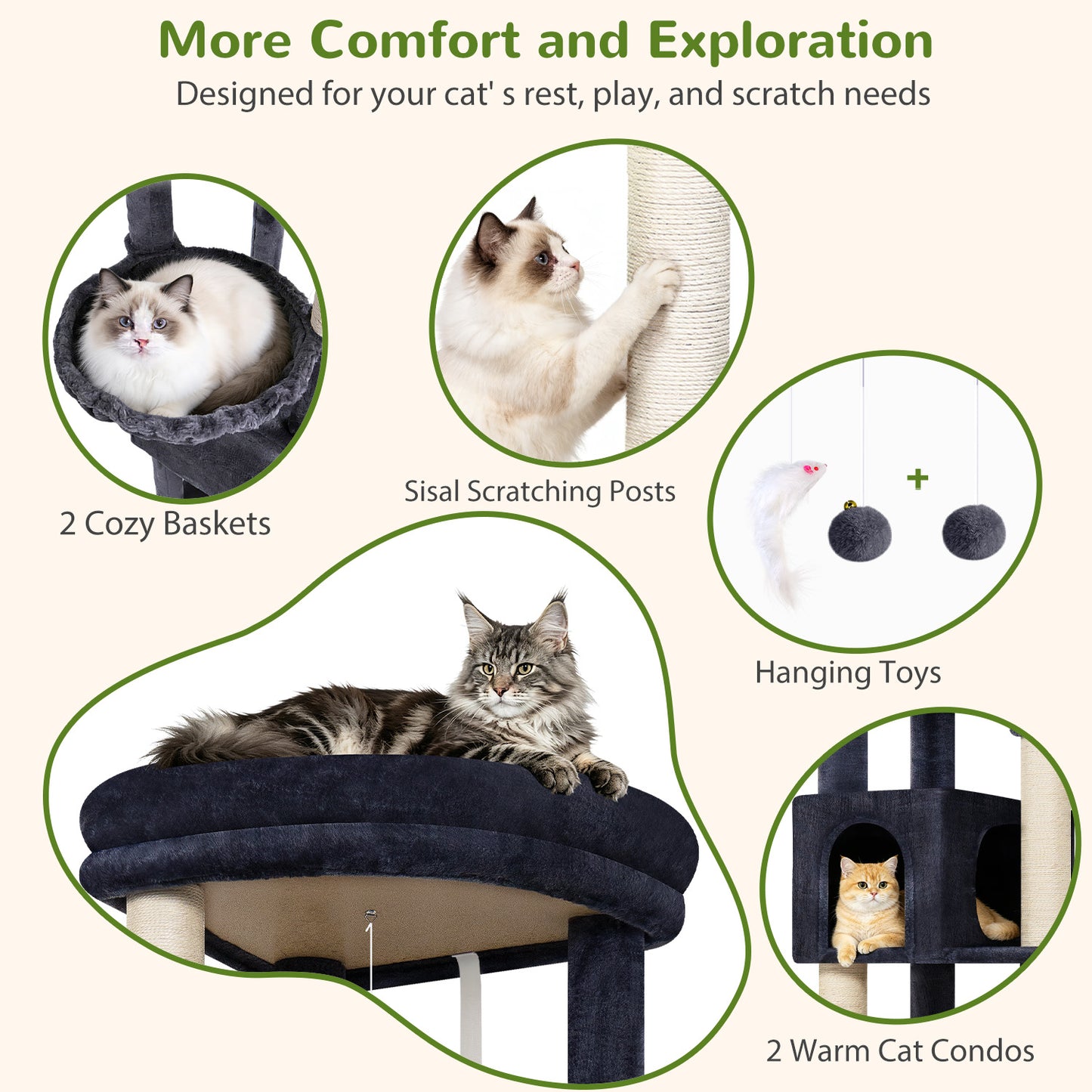 Globlazer Corner Cat Tree for Large Indoor Cats, 64in Space Saving Cat Tower with Enlarged Top Perch, 4 Scratching Posts, Multi-Level Cat Tree Tower with 2 Condos, 2 Hammocks, C64, Dark Grey