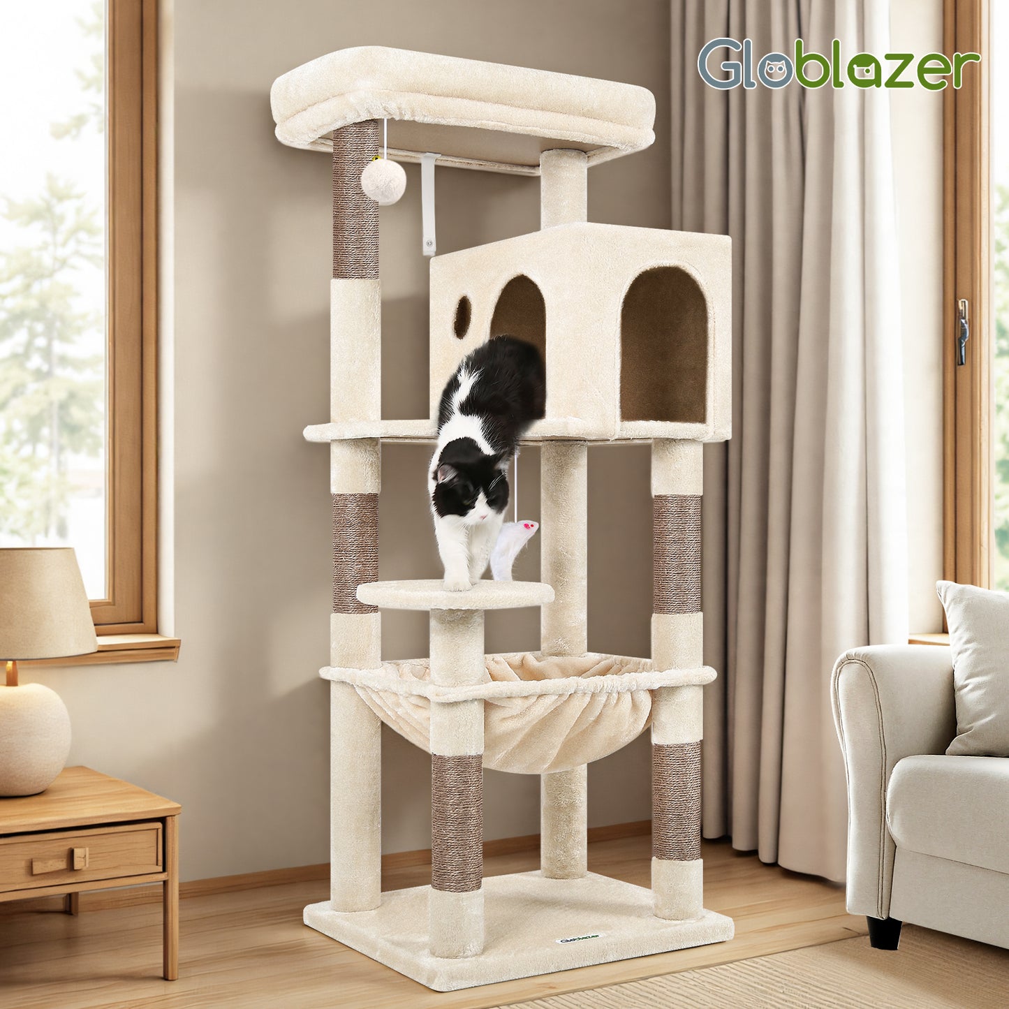 Globlazer Cat Tree Tower with 5 Scratching Posts for Indoor Cats, 53inch Tall Plush Multi-Level Cat Climbing Tower Condo House with Large Hammock, Spacious Cat Cave, Padded Top Perch, F53, Beige