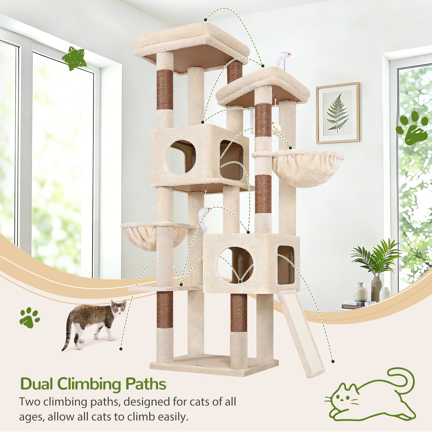 Globlazer 72" Heavy Duty Cat Tree for Large Adult Cats, Multi-Level Cat Tower with 2 Cat Condo, 2 Perchs, 6 Sisal Scratching Posts, Sisal Scratching Board, Multiple Cats, Resting Play, S72E, Beige