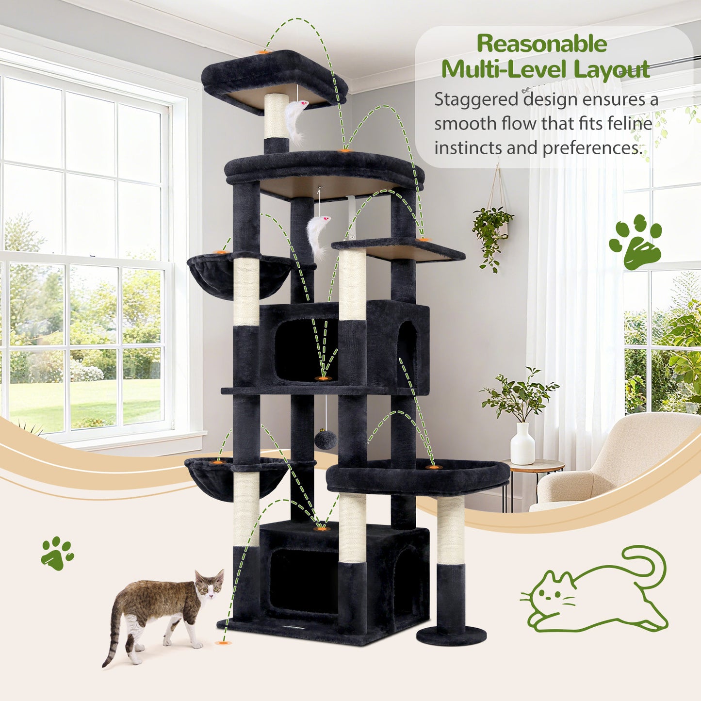 Globlazer 75in Sturdy Cat Tree for Large Cats, Heavy Duty Multi-Level Cat Tower for Indoor Cats with Extended Platform, 2 Spacious Condos, 2 Padded Perches, 6 Sisal Scratching Posts, S75, Dark Grey