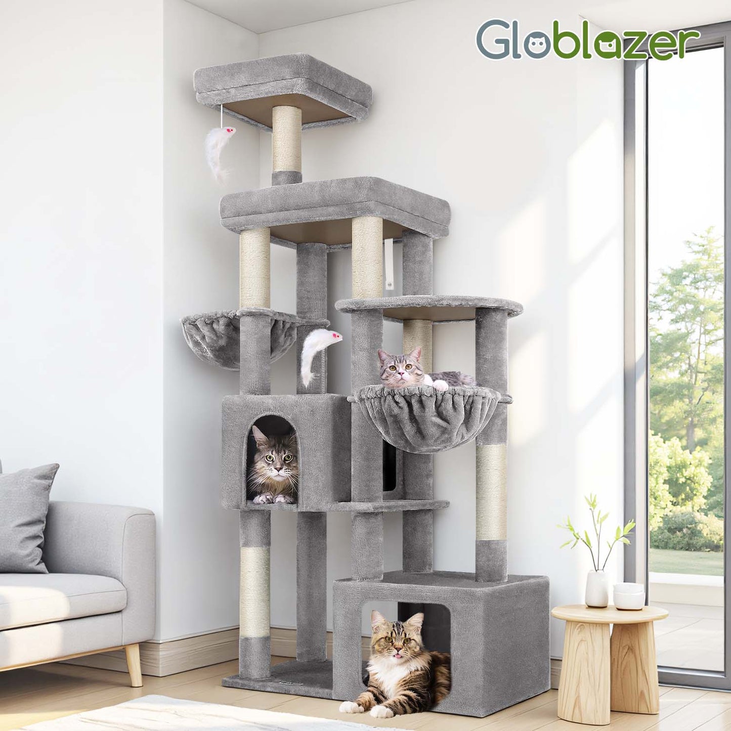 Globlazer Heavy Duty Cat Tree Tower for Indoor Cats, 68 inch Multi-Level Sturdy Cat Tree Tower for Large Cat Adult with 2 Oversized Condos, 2 Enlarged Perches, 2 Big Hanging Baskets, F68, Light Grey