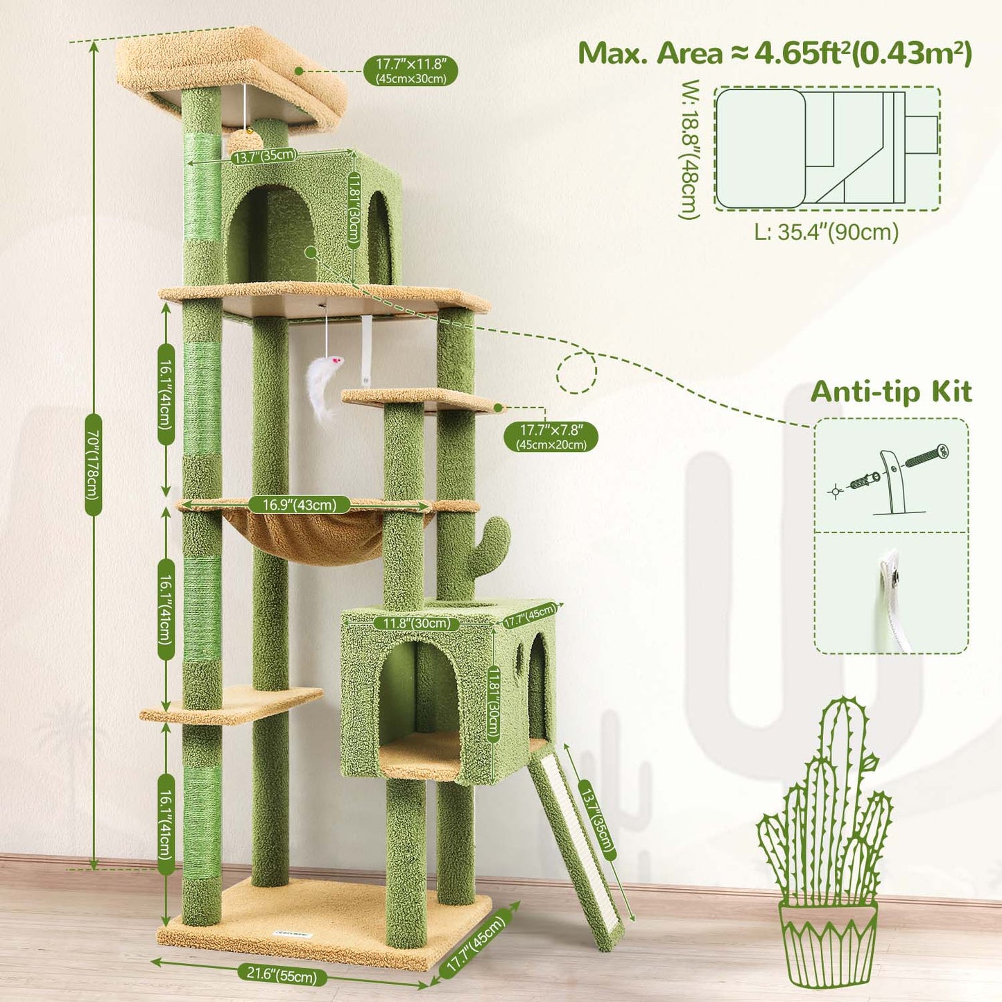 Globlazer Cactus Cat Tree Tower, 70inch Heavy Duty Cat Tree for Indoor Cats Sturdy Large Cat Tower with Scratching Post and Scratching Board, Hammock, Cat Condo for Adult Cats Kittens, F70 Pro, Green