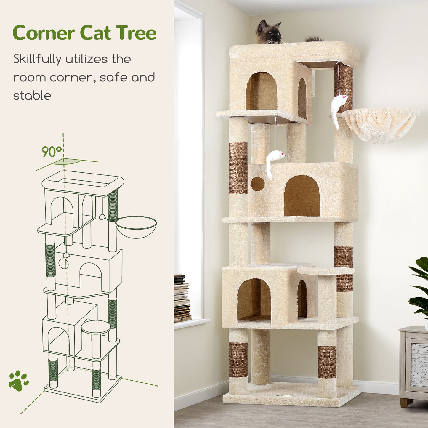 Globlazer Corner Cat Tree 66 inch Multi-Level Climbing Tower Kitty Condos Cat Scratching Tower for Indoor Multiple Cats with Large Platform, 3 Cat Caves, F66, Beige