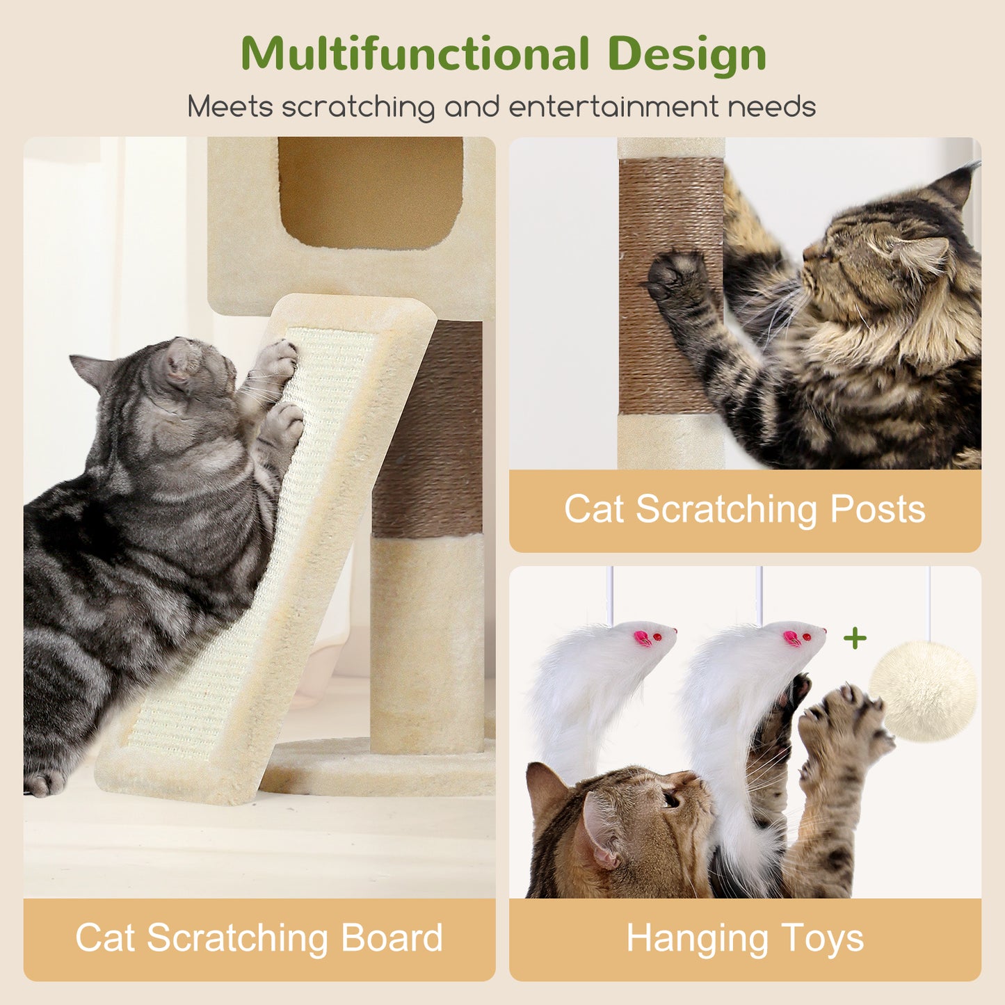 Globlazer Multi-Level Tall Cat Tower 83 inch Sturdy Extra Large Heavy Duty Cat Tree for Indoor Large Adult Cats Kittens with 2 Cat Condo, 8 Scratching Post, 2 Hammock, S83G, Beige