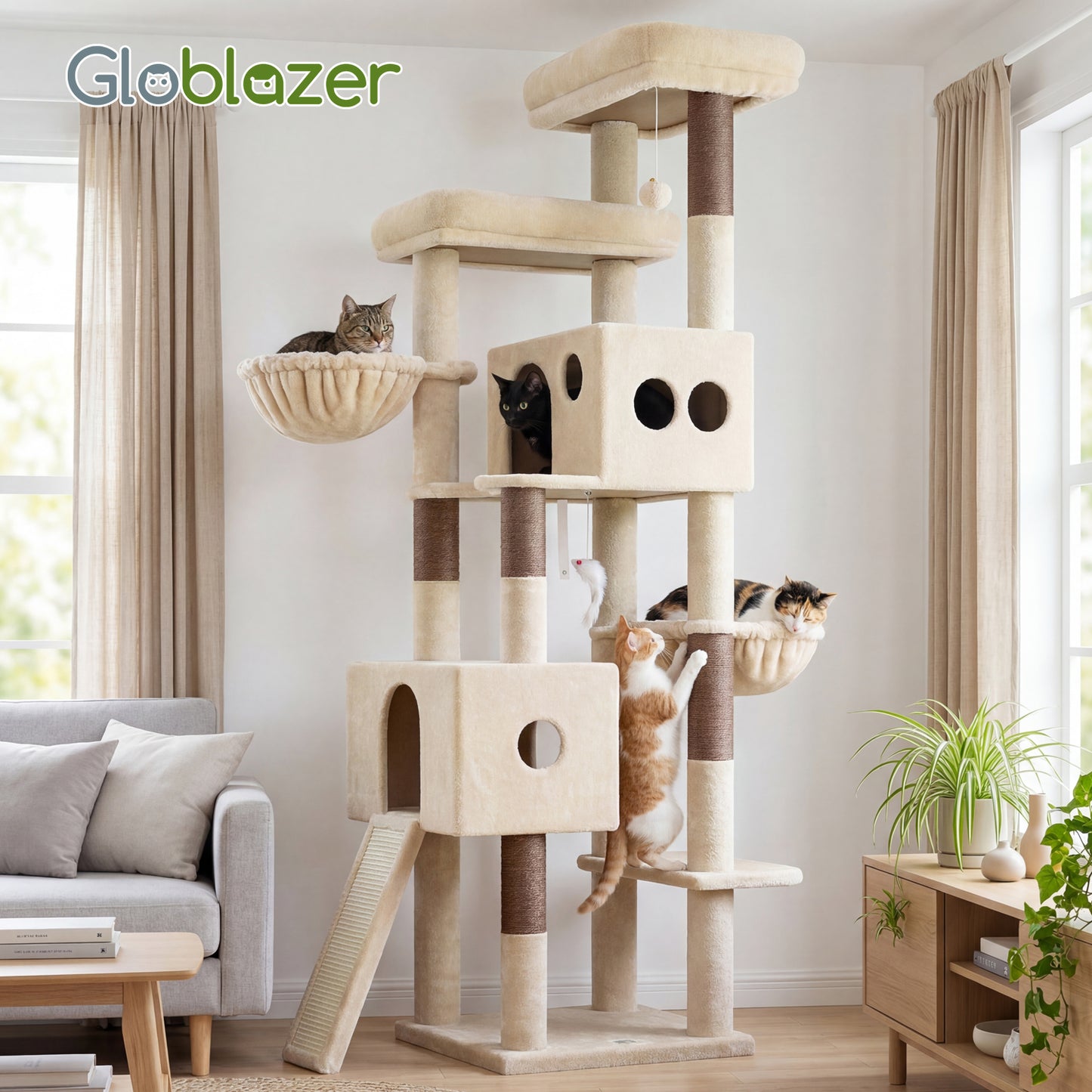 Globlazer Tall Cat Tower 77 inch Extra Large Cat Tree House for Indoor Cats Large Adults Kittens Cat Climbing Tower with 5 Scratching Posts, 2 Cat Condos, 2 Platforms, S77D, Beige