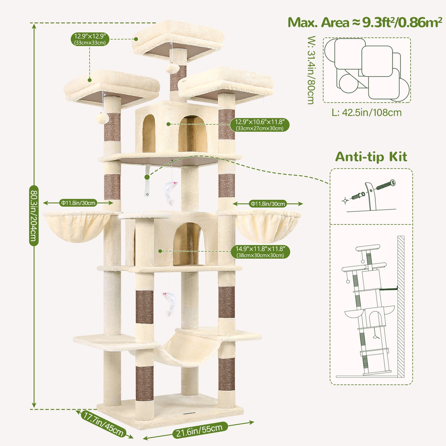 Globlazer Big Cat Tower for Indoor Cats, 80inch Cat Tower for Multiple Adult Cats XXL Cat Tree with 9 Scratching Posts, Hammock, 3 Perches, 2 Condos, 2 Hanging Basket, F80, Beige