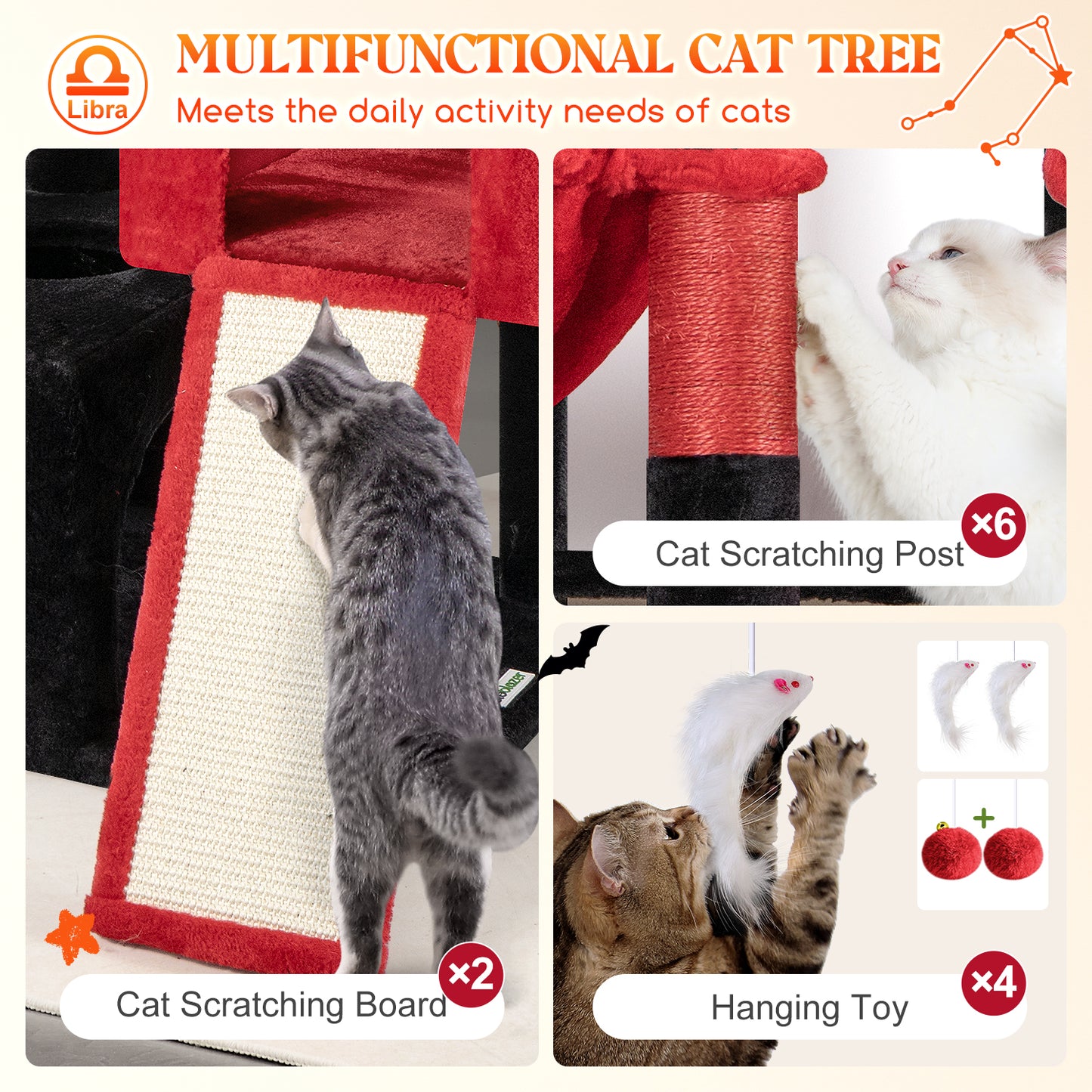 Globlazer Heavy Duty Cat Tree 78 inch Sturdy Gothic Cat Tower for 20lbs Large Adult Cats, Symmetrical Aesthetic Big Goth Cat Tree with Extra Large Platform, 2 Scratching Boards, Z78, Black Red
