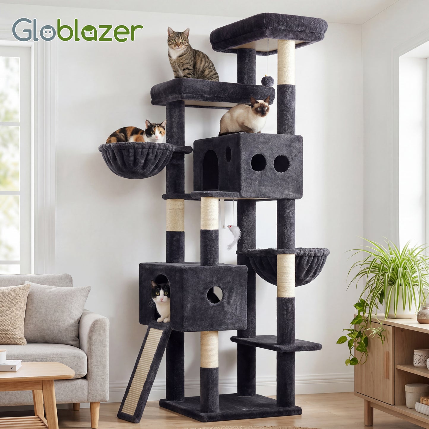 Globlazer Tall Cat Tower 77 inch Extra Large Cat Tree House for Indoor Cats Large Adults Kittens Cat Climbing Tower with 5 Scratching Posts, 2 Cat Condos, 2 Platforms, S77D, Dark Grey
