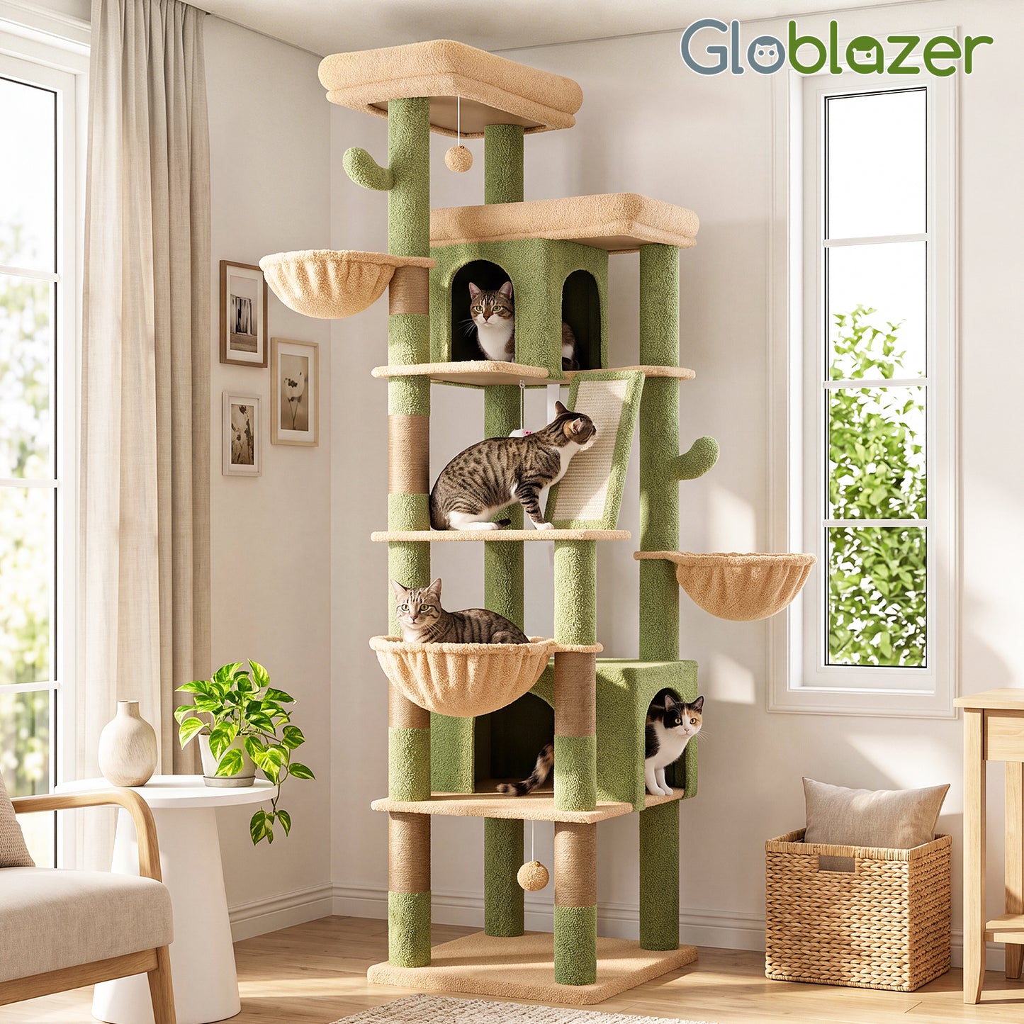 Globlazer Large Cactus Cat Tree Tower, 80in XXL Tall Cat Tree for Multiple Indoor Cats Large Adult Kittens with Scratching Posts and Board, 3 Soft Baskets, 2 Plush Perches, 2 Cozy Condos, S80G, Green