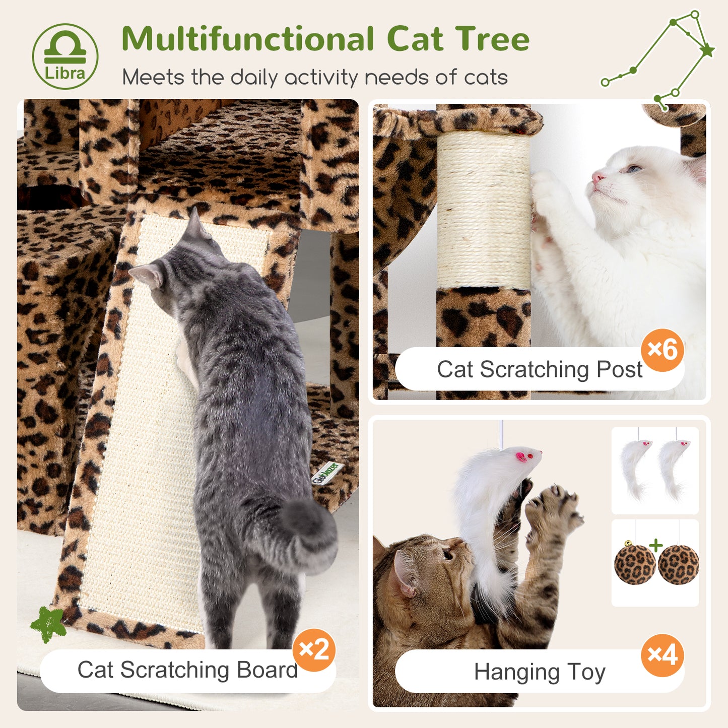 Globlazer Heavy Duty Cat Tree 78 inch Sturdy Cat Tower for 20lbs Large Adult Cats, Symmetrical Aesthetic Big Cat Tree with Extra Large Platform, 2 Scratching Boards, Z78, Leopard Print