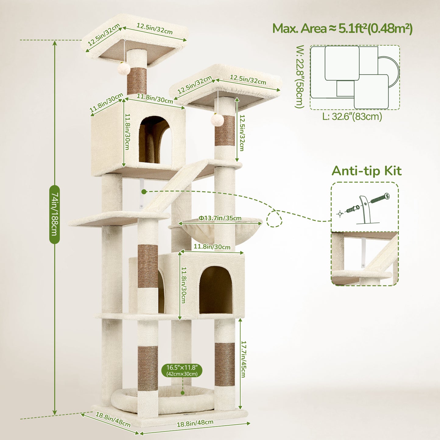 Globlazer 74in Heavy Duty Cat Tree for Large Indoor Cats, Multi-Level Cat Tower with 5 Sisal Scratching Posts, 2 Cozy Condos, Hammock, Top Perches, Climbing Ramp and Pet Bed, F74D, Beige