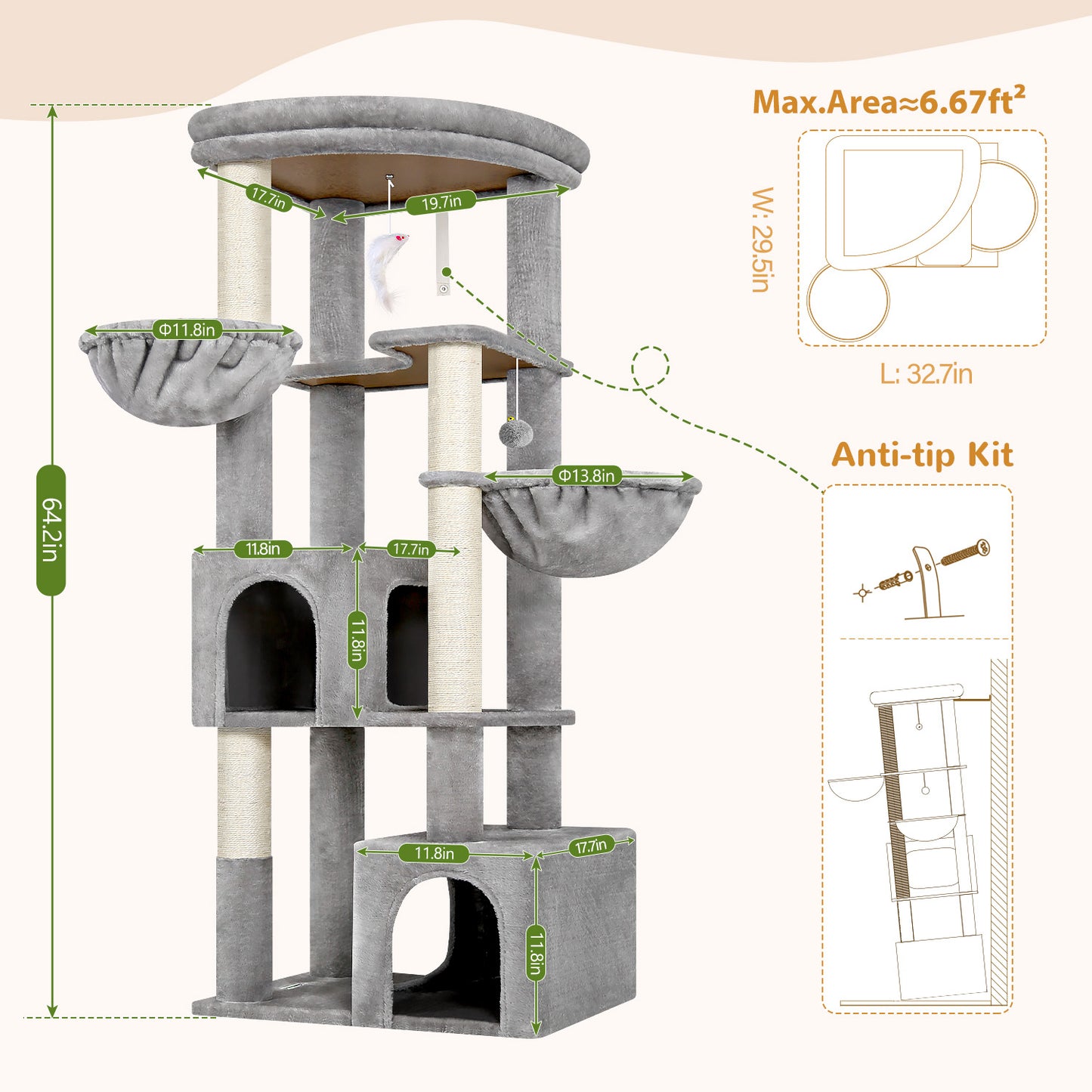 Globlazer Corner Cat Tree for Large Indoor Cats, 64in Space Saving Cat Tower with Enlarged Top Perch, 4 Scratching Posts, Multi-Level Cat Tree Tower with 2 Condos, 2 Hammocks, C64, Light Grey