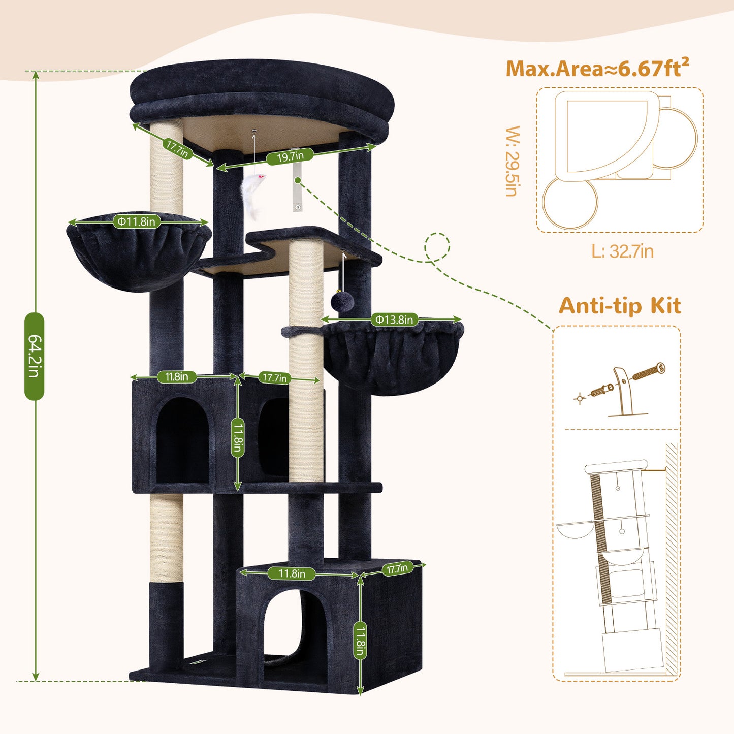Globlazer Corner Cat Tree for Large Indoor Cats, 64in Space Saving Cat Tower with Enlarged Top Perch, 4 Scratching Posts, Multi-Level Cat Tree Tower with 2 Condos, 2 Hammocks, C64, Dark Grey