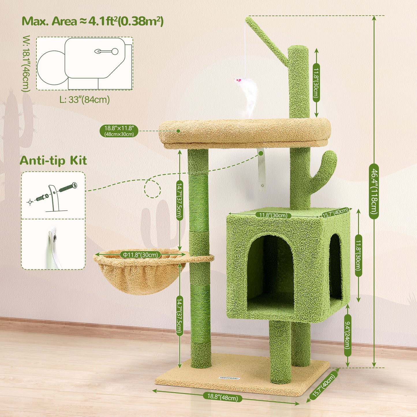 F46C Versatile Play Cactus Cat Tree Tower | 46-Inch Sturdy Cat Condo with Scratching Posts, Hammock, Multiple Platforms & Anti-Tip Kit for Large Multi-Cats | Premium Quality Materials, Green