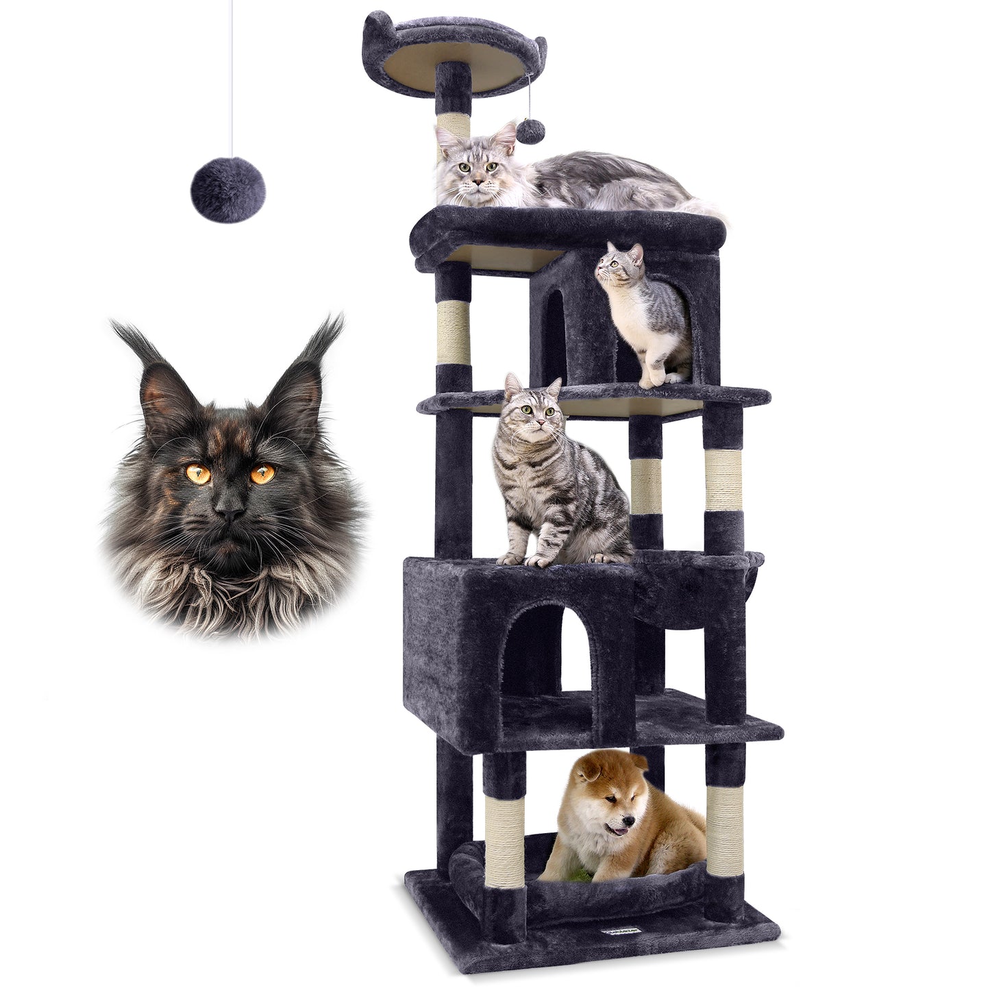 Globlazer Heavy Duty Cat Trees for Large Cats, Sturdy 72in Maine Coon Cat Tree for Large Cats 20 lbs+ Heavy Duty Cat Tower for Adult Biggest Cat with 6 Scratching Posts, Hammock, S72, Dark Gray