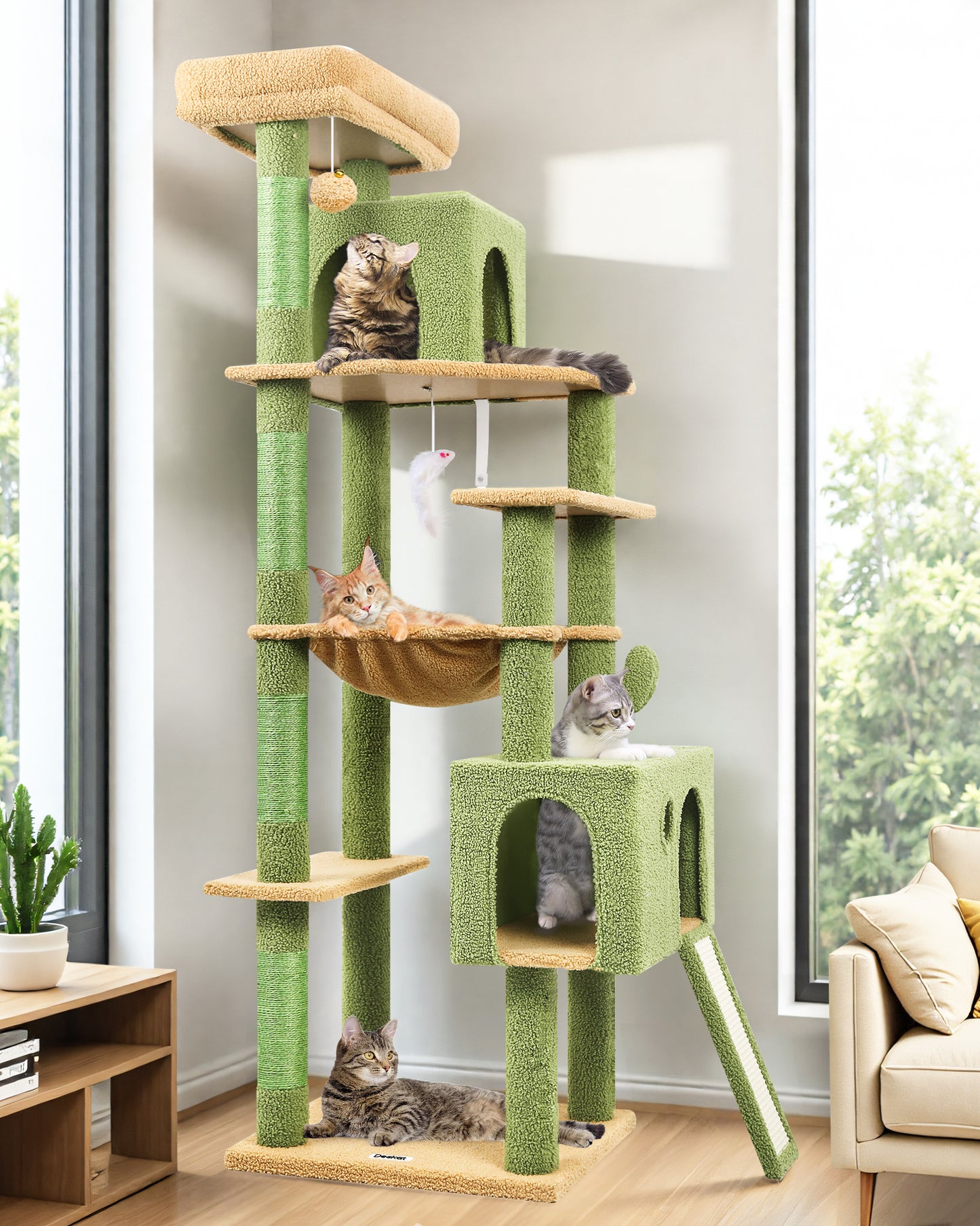 Globlazer Cactus Cat Tree Tower, 70inch Heavy Duty Cat Tree for Indoor Cats Sturdy Large Cat Tower with Scratching Post and Scratching Board, Hammock, Cat Condo for Adult Cats Kittens, F70 Pro, Green