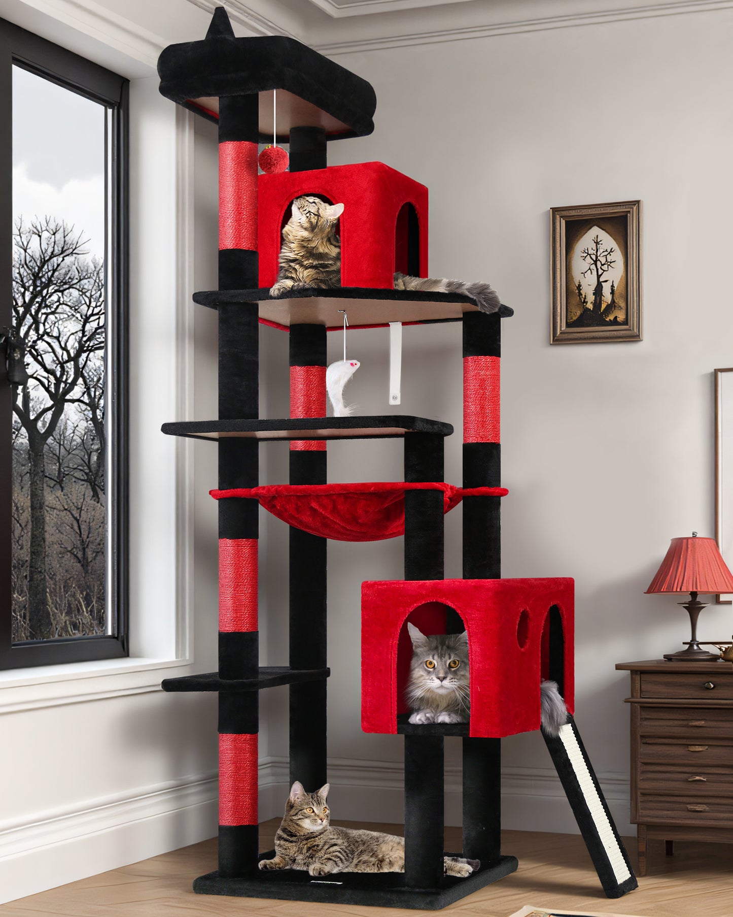 Globlazer Gothic Heavy Duty Cat Tree, 70in Tall Sturdy Goth Cat Tree for Indoor Cats Extra Large Cat Tower with Scratching Post, Cat Condos for Adult Cats Kittens, Hammock, Perch, F70 Pro, Red Black