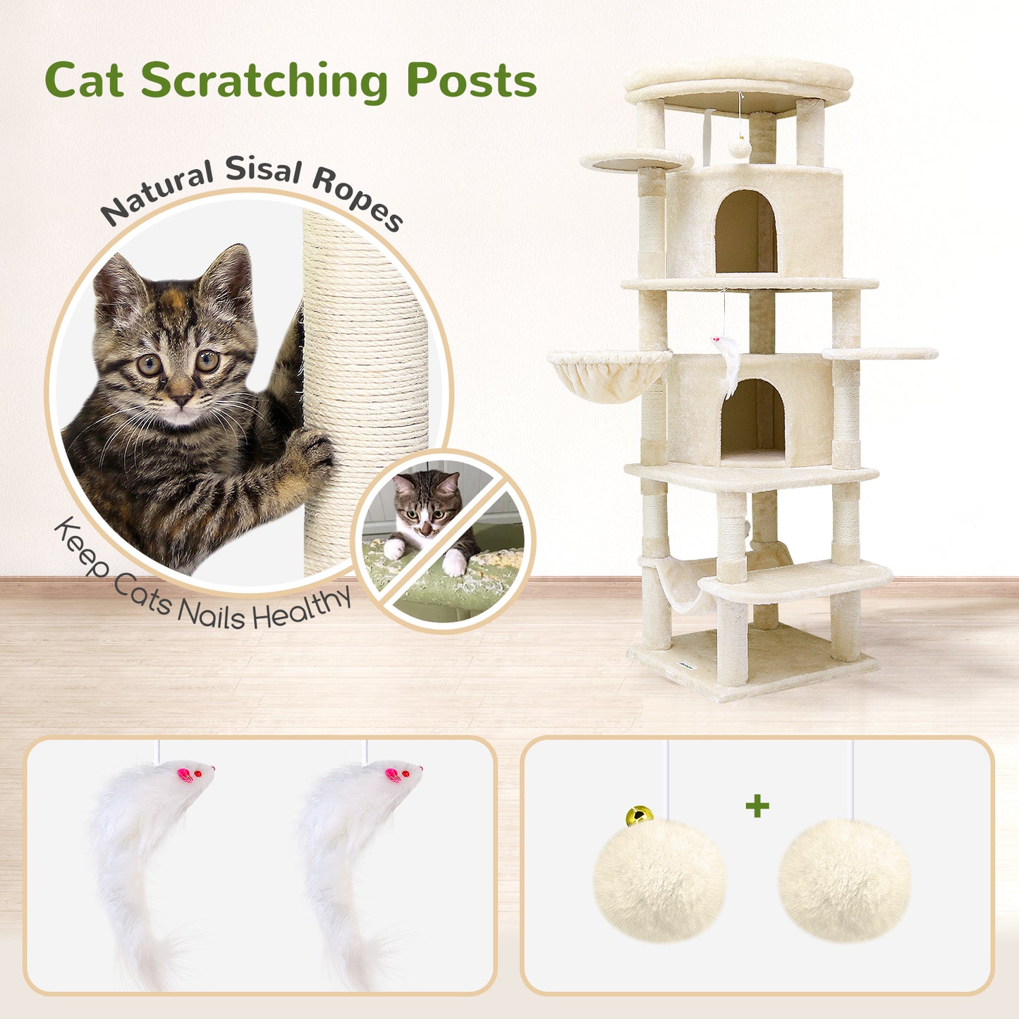 Globlazer Corner Cat Tree for Large Cats, 66inch Tall Curved Series Large Cat Tower for Multiple Indoor Cats with 6 Scratching Posts, 2 Spacious Cat Condos, Hammock, Hanging Basket, C66, Beige