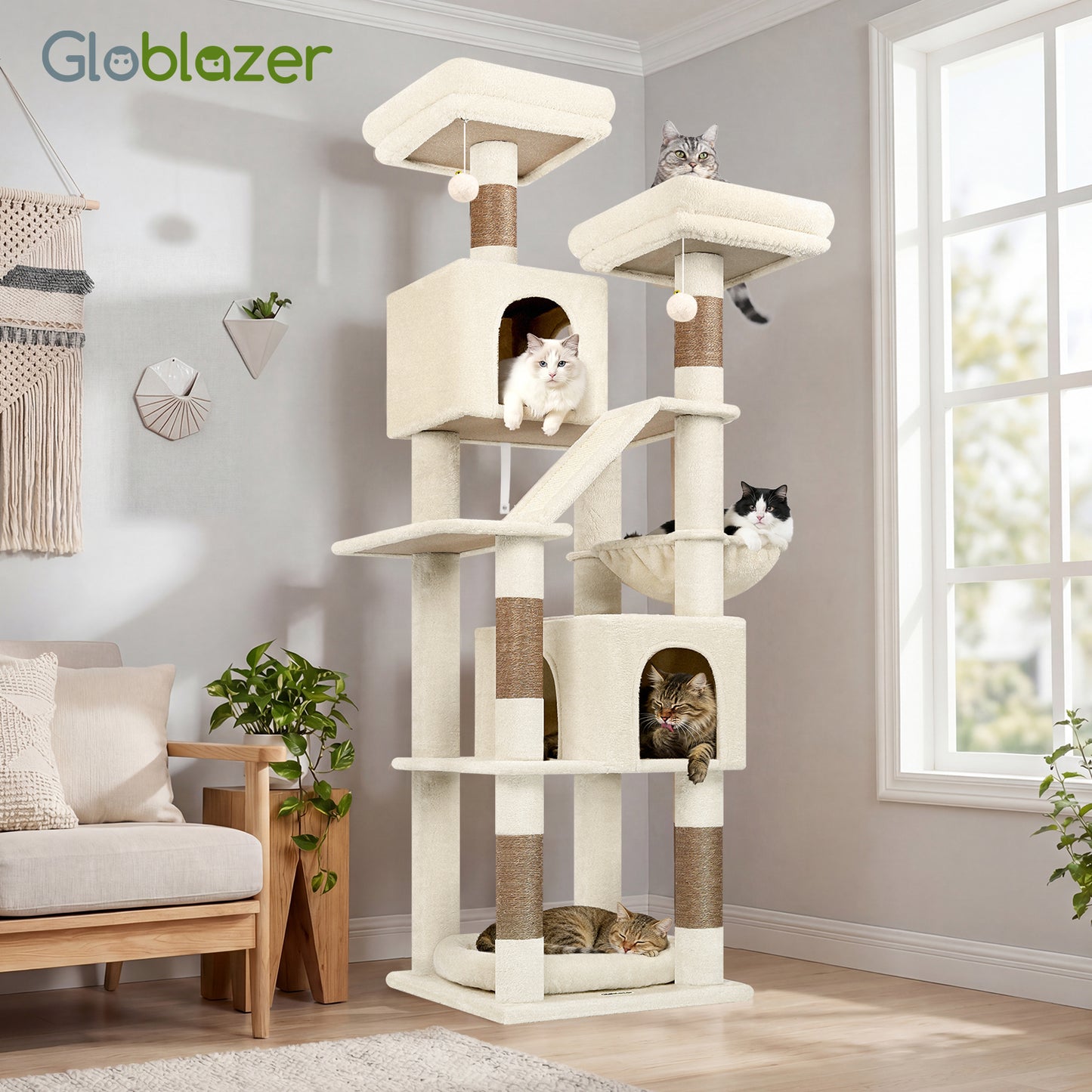 Globlazer 74in Heavy Duty Cat Tree for Large Indoor Cats, Multi-Level Cat Tower with 5 Sisal Scratching Posts, 2 Cozy Condos, Hammock, Top Perches, Climbing Ramp and Pet Bed, F74D, Beige