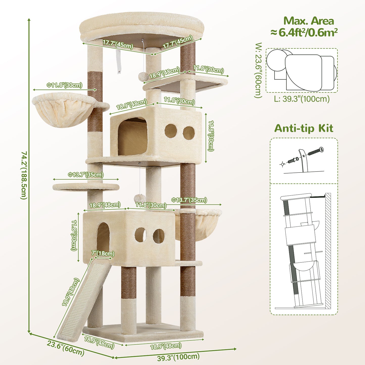 Globlazer 74in Tall Cat Tree for Indoor Cats Large Adult, Sturdy Heavy Duty Cat Tree Tower with 7 Scratching Posts for Multiple Cats, 2 Spacious Condos, 2 Hanging Baskets, S74G, Beige