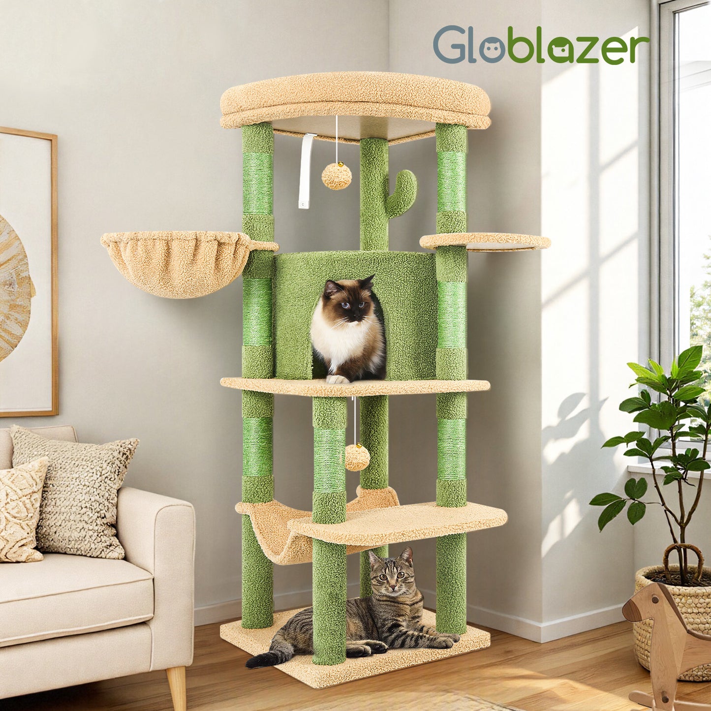 Globlazer Cactus Corner Cat Tree Tower with Scratching Post for Indoor Cats, 51in Multi-Level Cat Condo Tower with Large Hammock, Fan-Shaped Padded Perch, Spacious Cat Cave, Hanging Basket, C51, Green