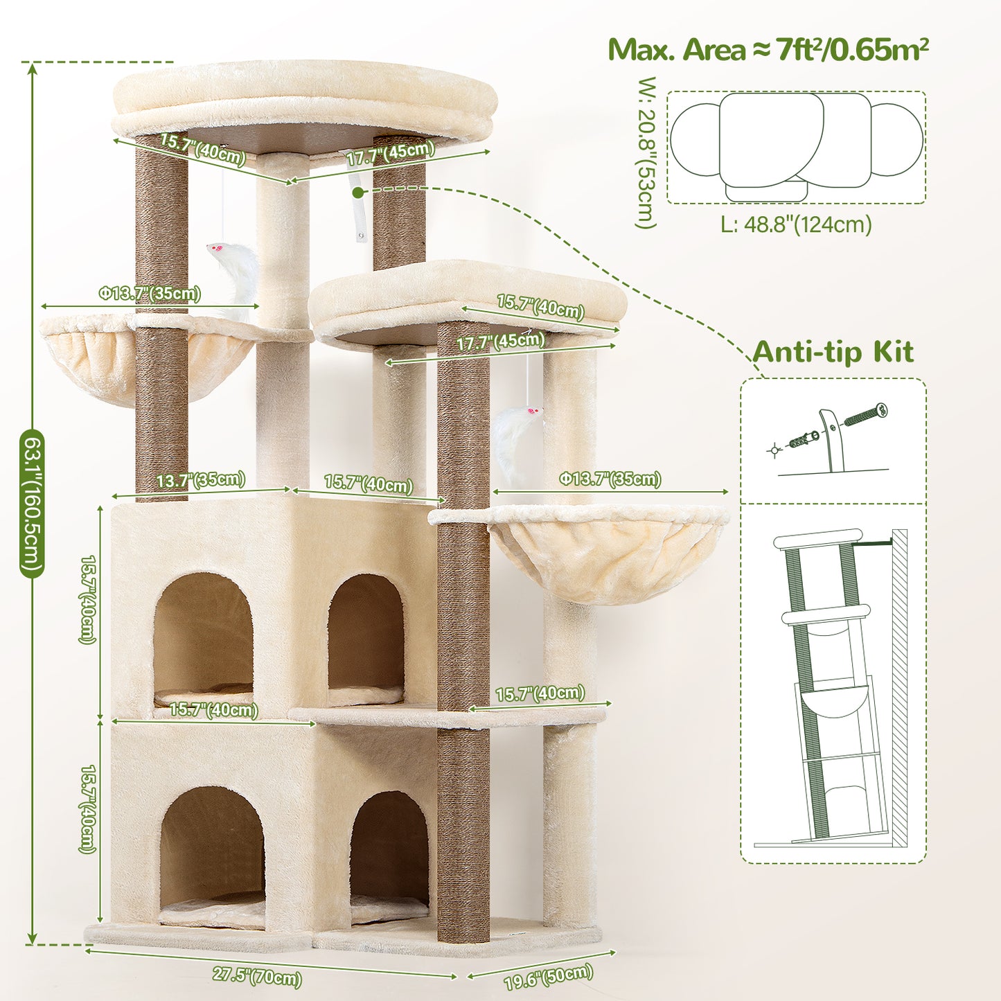 Globlazer Cat Tree Tower for Indoor Cats, 63 inch Sturdy Adult Cat Tree House for Large Adult Cats with 2 Platform, 6 Cat Scratching Post, 2 Cat Caves, Dangling Toys, S63, Beige