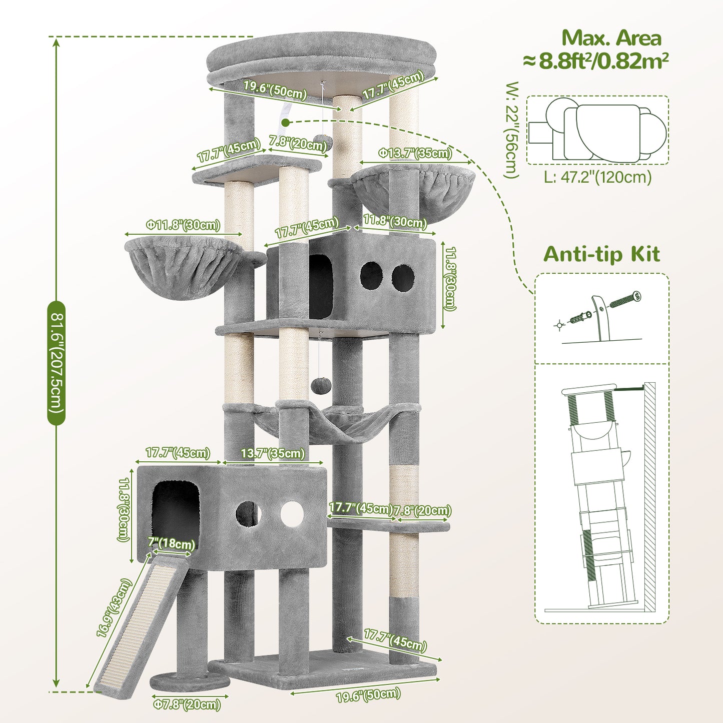 Globlazer Cat Tower for Large Cats, 81 inch Cat Tree for Indoor Cats Large Adult, Tall Cat Tower with 2 Condos, 2 Baskets, Hammock, Large Perch, 8 Sisal Posts, Scratching Board, S81G, Light Grey