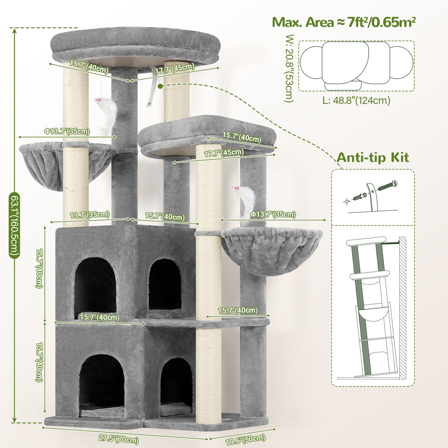 Globlazer Cat Tree Tower for Indoor Cats, 63 inch Sturdy Adult Cat Tree House for Large Adult Cats with 2 Platform, 6 Cat Scratching Post, 2 Cat Caves, Dangling Toys, S63, Light Grey