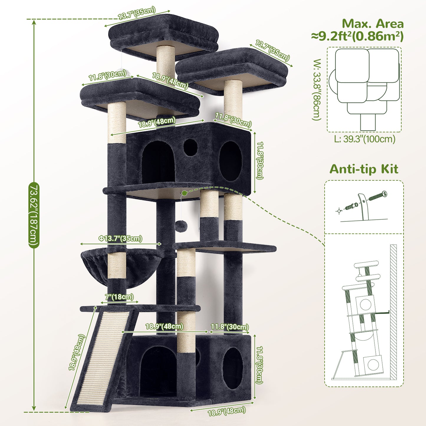 Globlazer Heavy Duty Cat Tree, 73inch Sturdy Cat Tower with Scratching Post for Indoor multiple Cats, Maine Coon Cat Tree with 3 Cat Perch, Basket, 2 Cat Condo for Adult Cats Kittens, F73C, Dark Grey