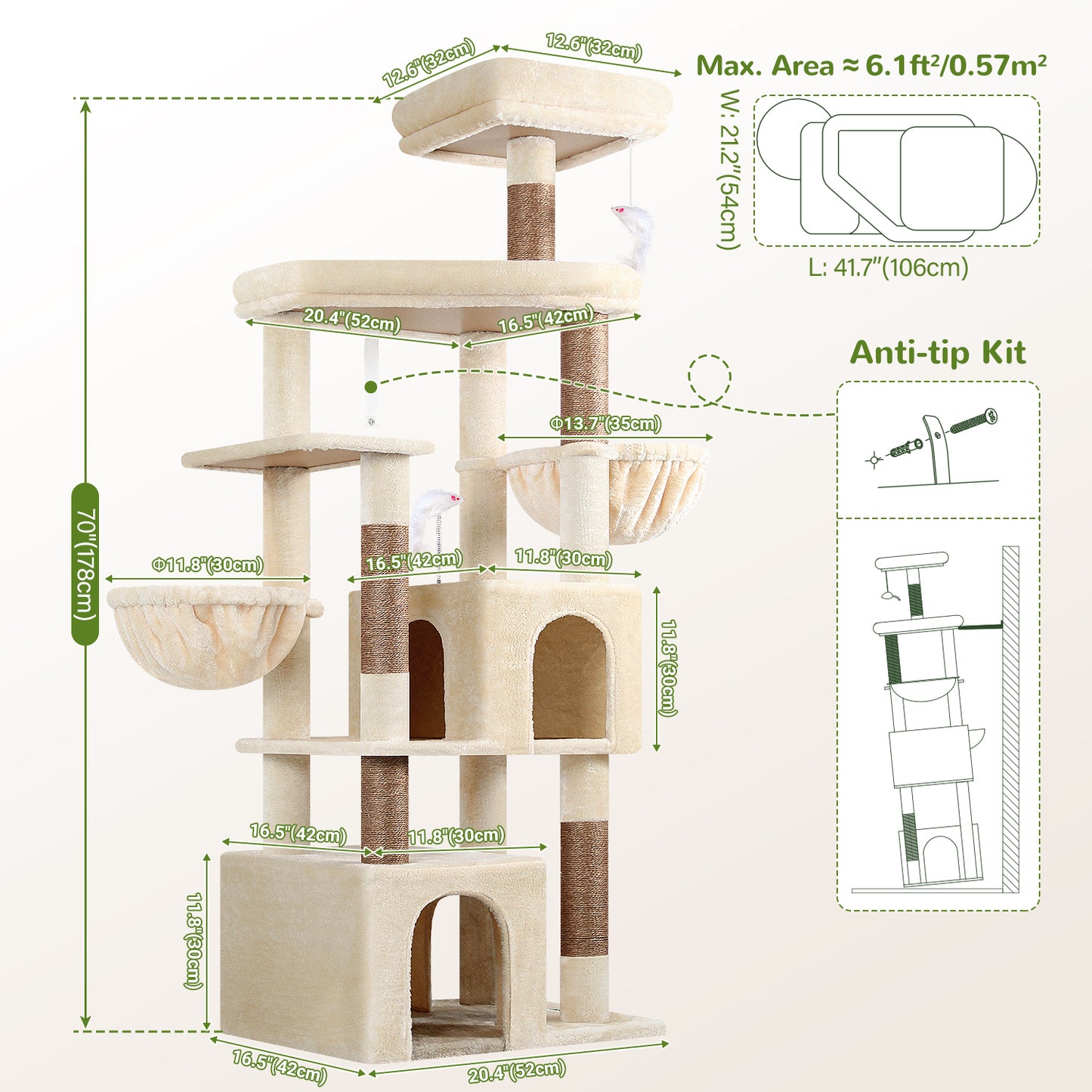 Globlazer Sturdy Cat Tree, 68-inch Large Cat Tower for Indoor Adult Cats 20 lbs Heavy Duty Cat Tree for Big Cats with Extra Large Platform, 5 Scratching Post, S68, Beige