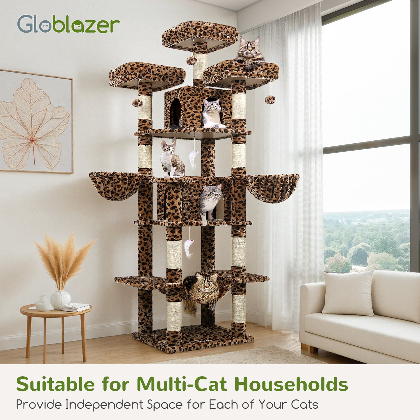 Globlazer Big Cat Tower for Indoor Cats, 80inch Cat Tower for Multiple Adult Cats XXL Cat Tree with 9 Scratching Posts, Hammock, 3 Perches, 2 Condos, 2 Hanging Basket, F80, Leopard Print