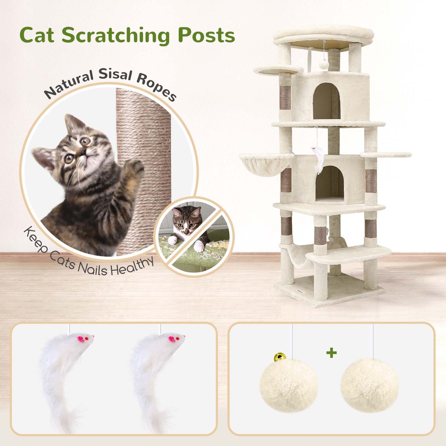 Globlazer Corner Cat Tree Tower for Large Cat, 66inch Tall Large Cat Tree Condo for Multiple Indoor Cats with 6 Scratching Posts, 2 Spacious Cat Condos, Soft Hammock, Hanging Basket, C66, Light Beige