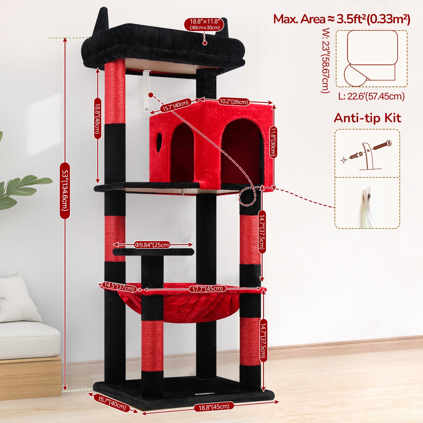 Globlazer Gothic Cat Tree Tower with 5 Scratching Post for Indoor Cats, 53in Plush Multi-Level Cat Climbing Tower Condo House with Large Hammock, Spacious Cat Cave, Padded Top Perch, F53, Black Red