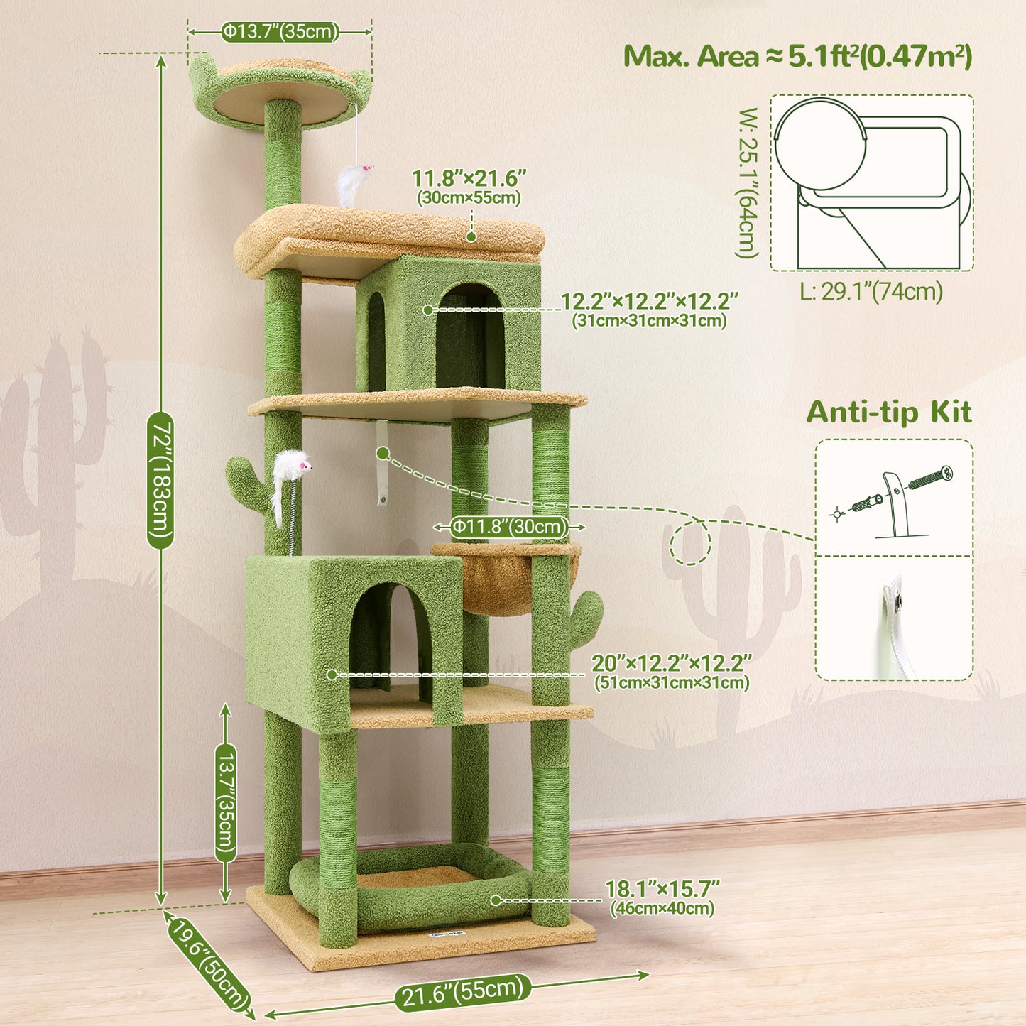 Globlazer Heavy Duty Cactus Cat Trees for Large Cats, Sturdy 72in Maine Coon Cat Tree for Large Cats 20 lbs+ Heavy Duty Cat Tower for Adult Biggest Cat with 6 Scratching Posts, Hammock, S72, Green